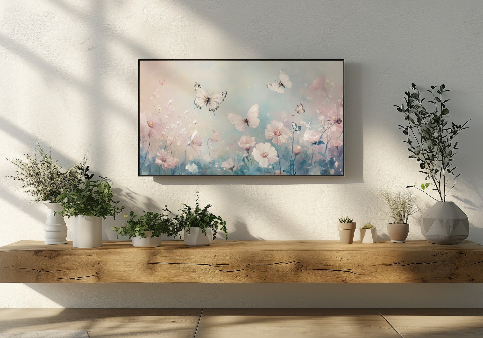 Nursery Frame TV Art with Pastel Butterflies in Modern Living Room