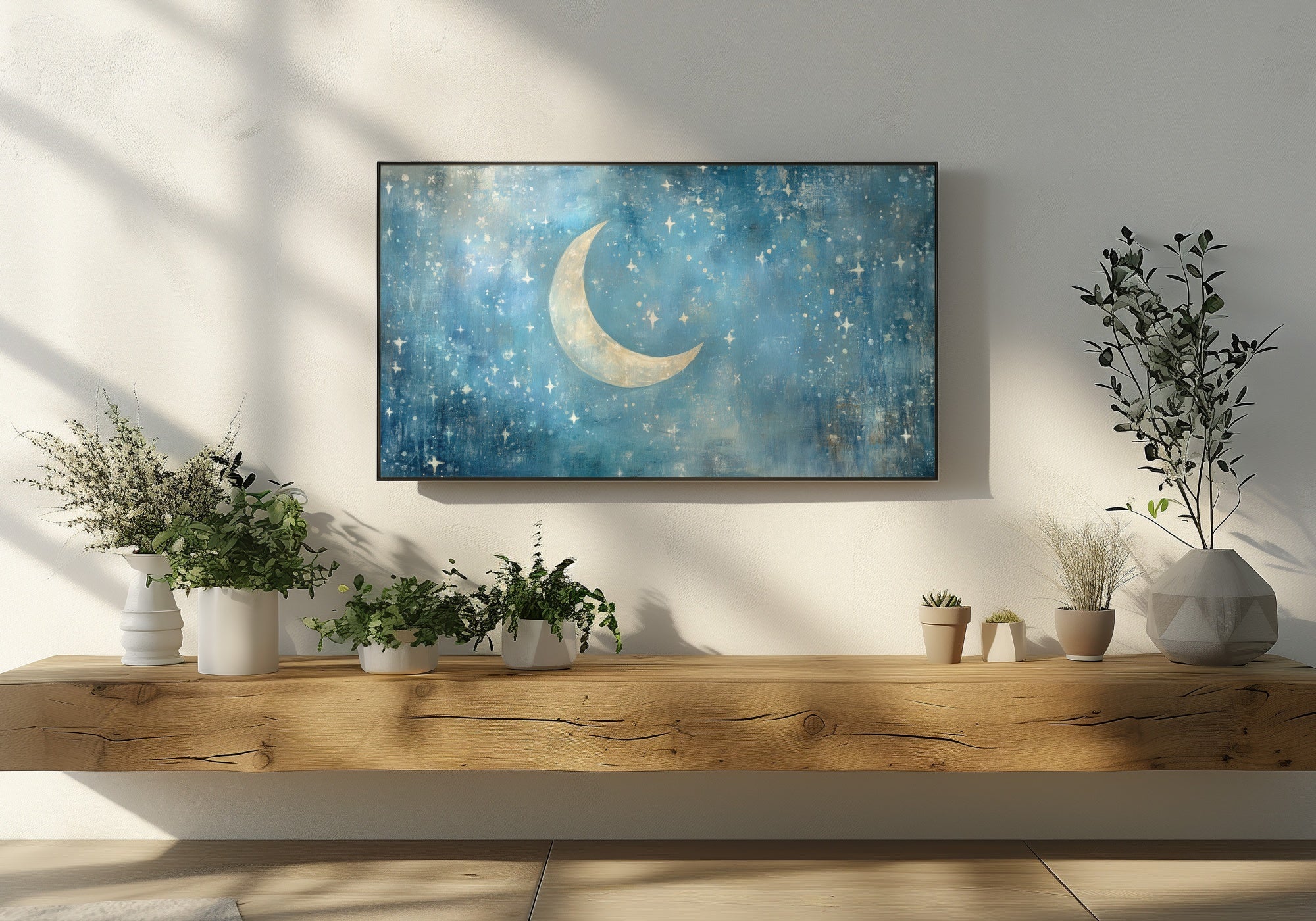 Nursery Frame TV Art featuring a crescent moon surrounded by sparkling stars on a dreamy blue sky - a soothing and magical digital artwork designed for Samsung Frame TV to create a calm, enchanting nursery atmosphere