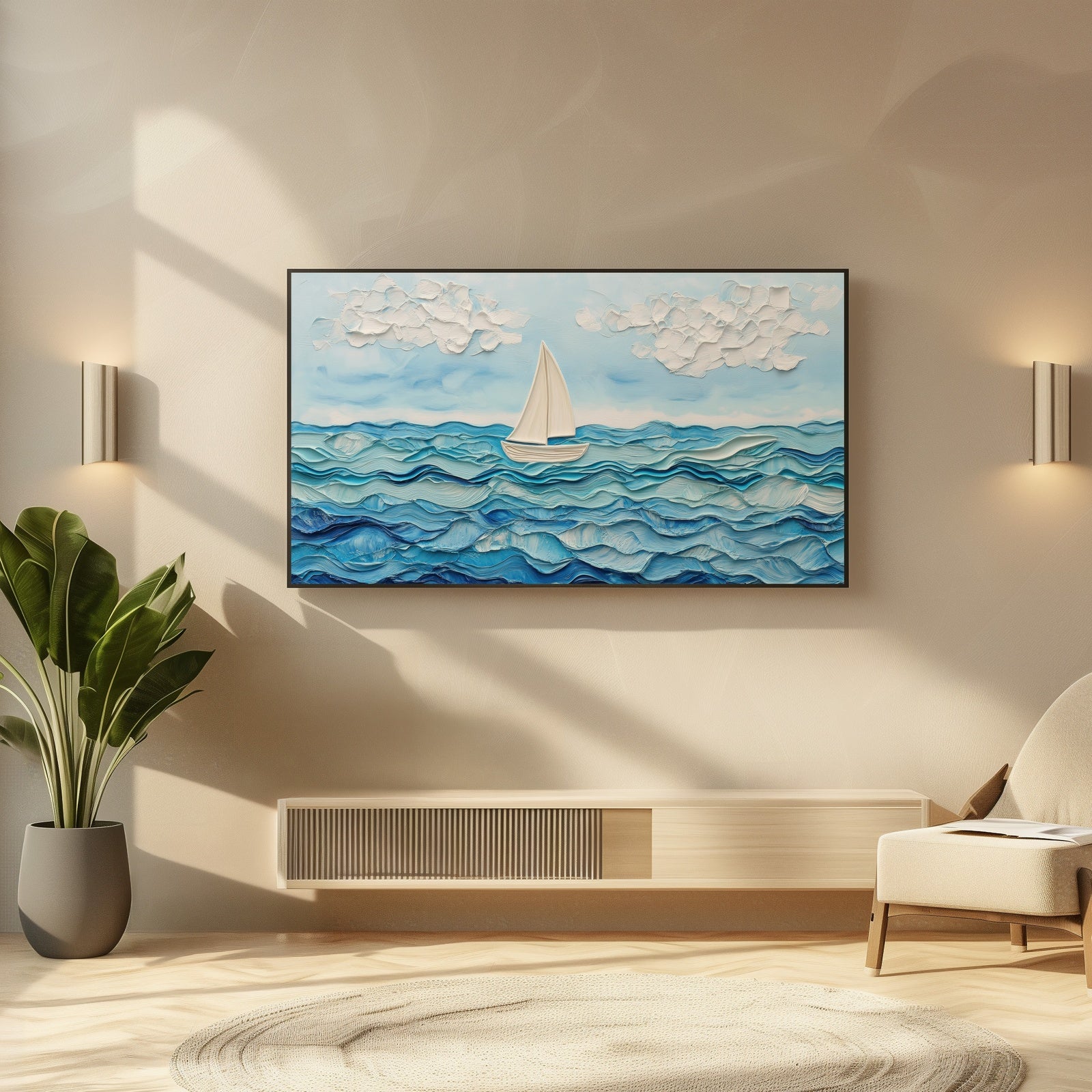 Nursery Frame TV Art Ship on Sea in Modern Living Room