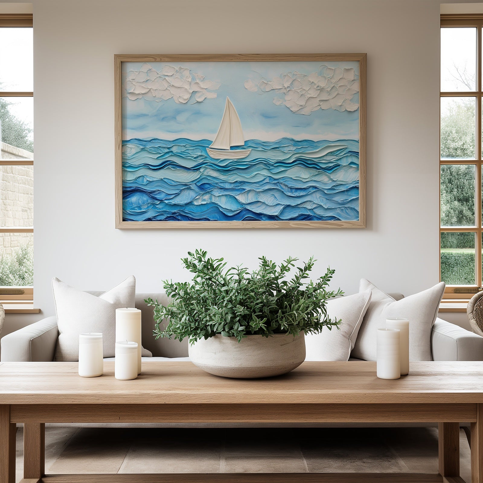A soft, calming nursery wall art print featuring a textured blue ocean with layered waves and a small white sailboat beneath fluffy clouds, styled above a cozy neutral sofa in a bright, modern living room