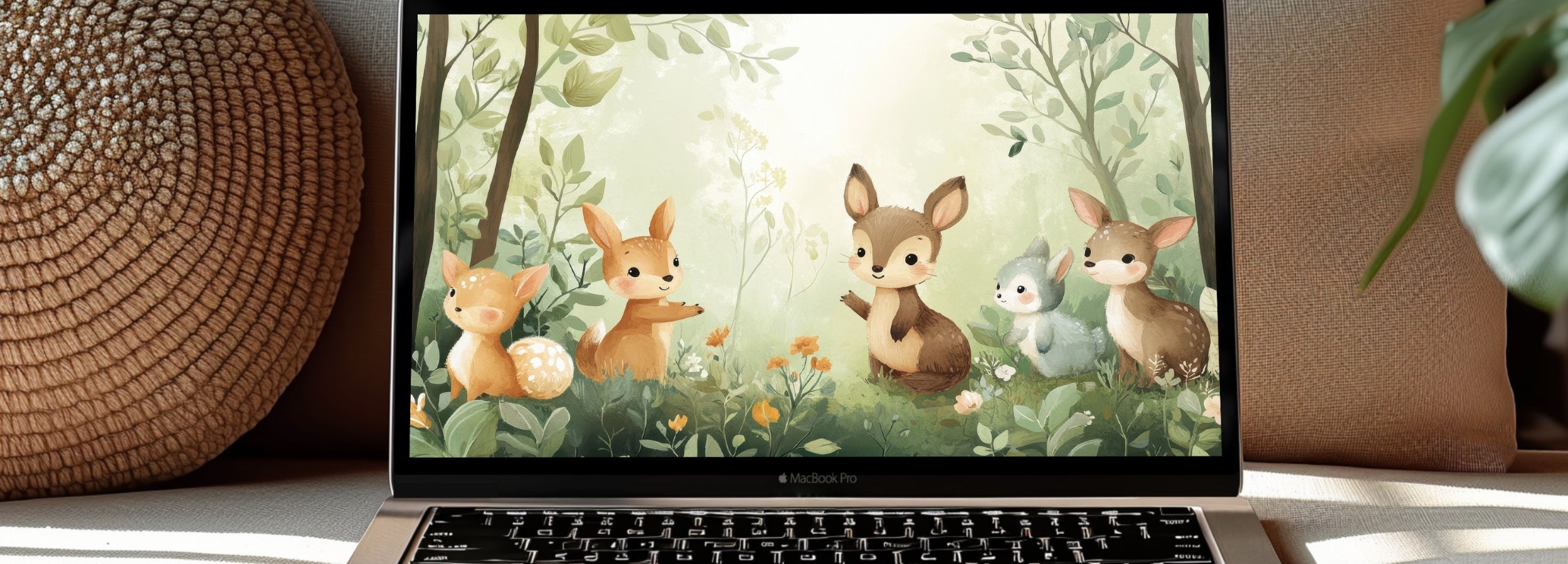 Nursery desktop wallpaper featuring cute woodland animals like deer, bunny, and squirrel in a soft green forest - a calming, heartwarming design perfect for children’s spaces and gentle work environments