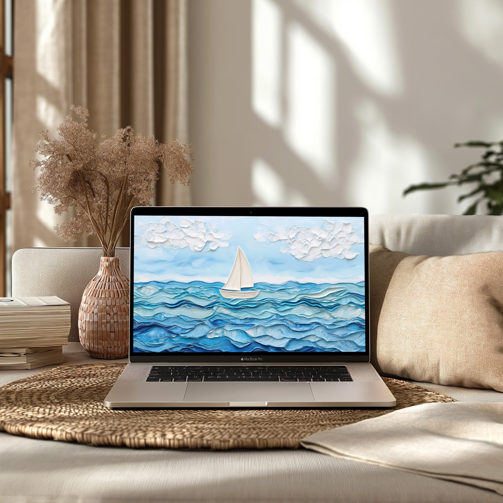 Nursery desktop wallpaper with a minimalist sailboat on textured blue waves under a bright sky - a calming and playful ocean-inspired design perfect for kids’ spaces or peaceful work environments