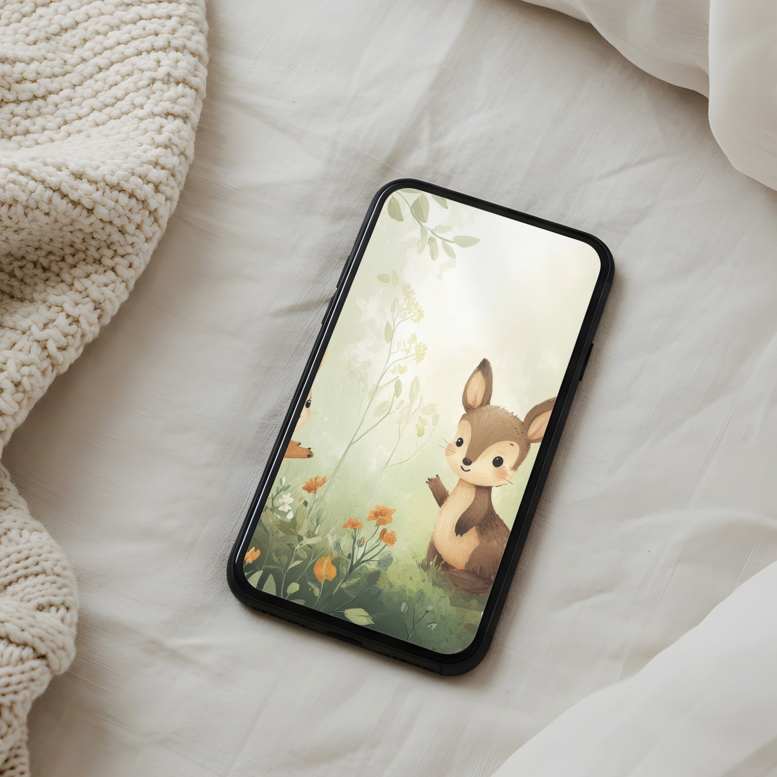 Cute nursery iPhone wallpaper featuring a soft, painterly baby deer surrounded by gentle spring flowers, creating a warm, whimsical, and comforting woodland atmosphere