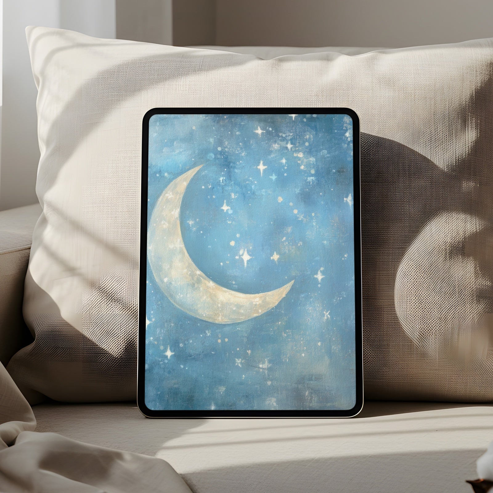 Nursery iPad wallpaper featuring a crescent moon and shimmering stars on a dreamy blue sky, soft and calming tablet background designed to create a peaceful and cozy digital atmosphere for the whole family