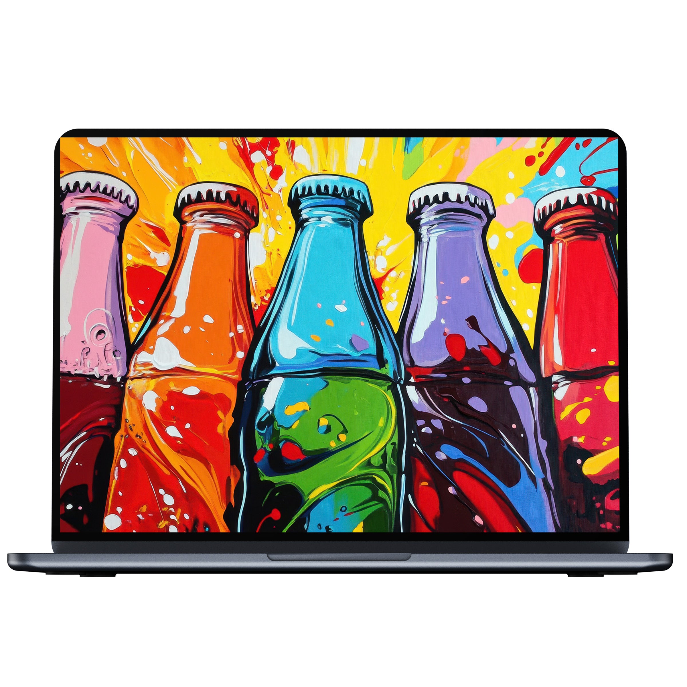 Vibrant pop art desktop wallpaper featuring colorful bottle art splashes, perfect for digital download on PC and laptop screens