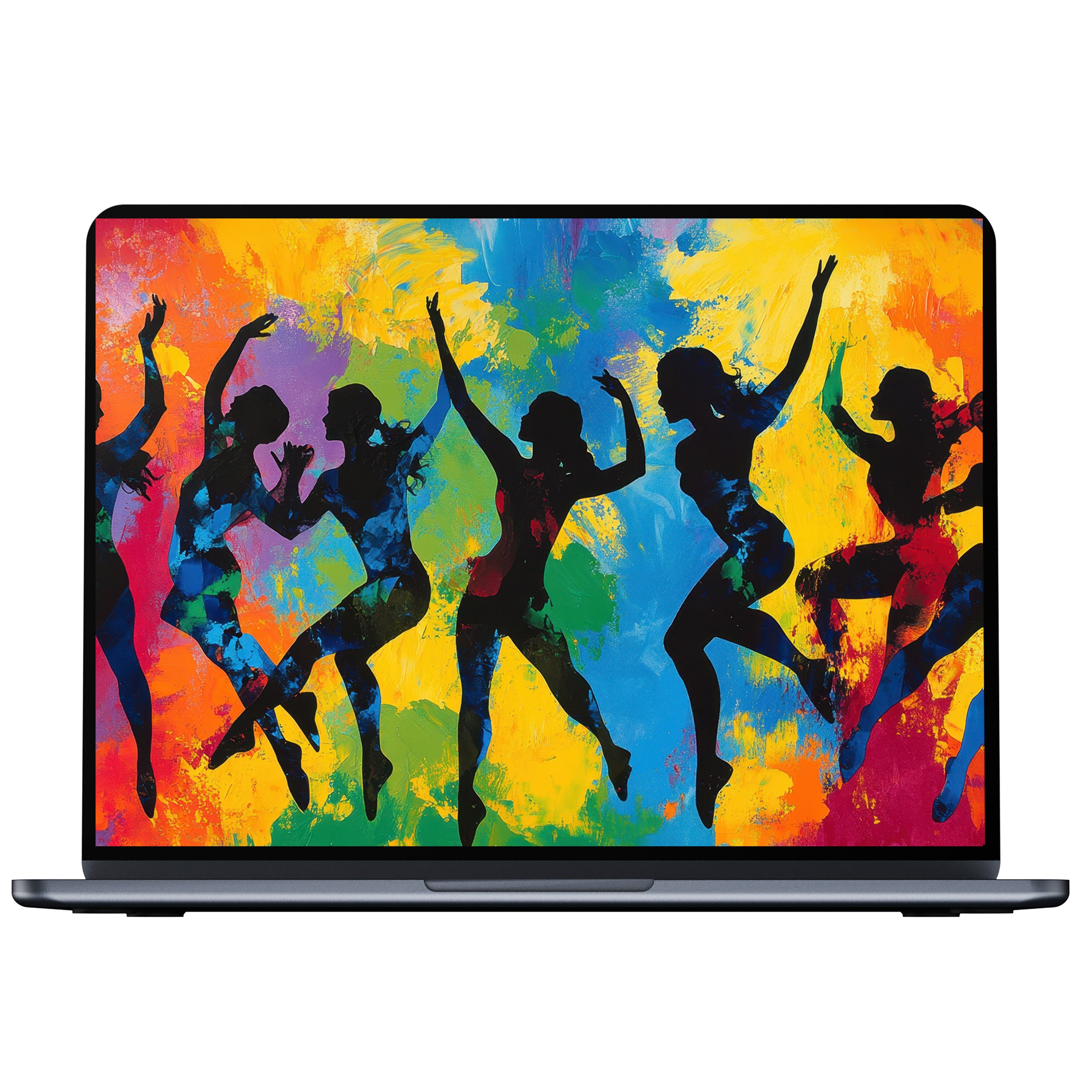 Vibrant pop art desktop wallpaper featuring silhouetted dancers against colorful abstract background for digital download fits PC and laptop