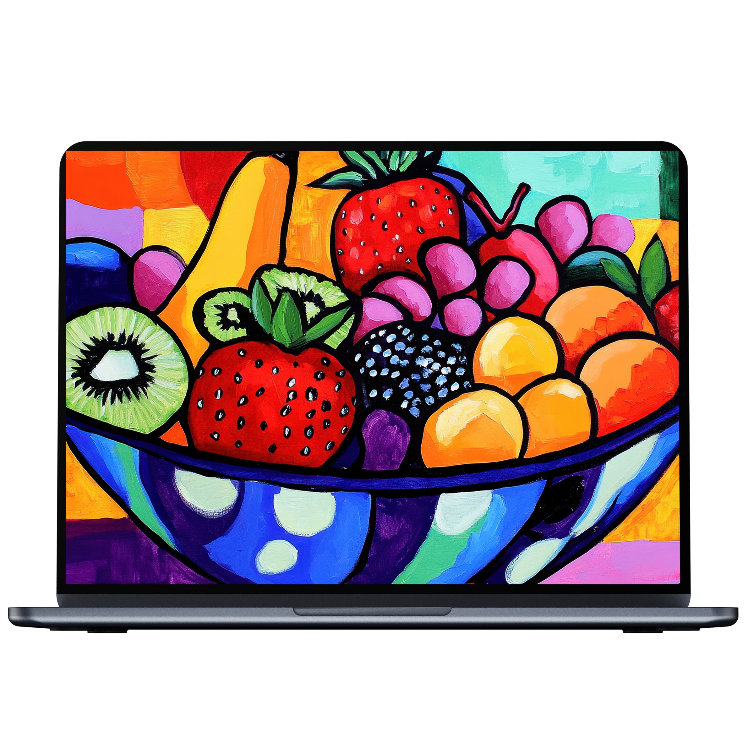 Vibrant pop art desktop wallpaper digital download showcases a colorful fruit bowl for PC and laptop, inspiring calm and elegance