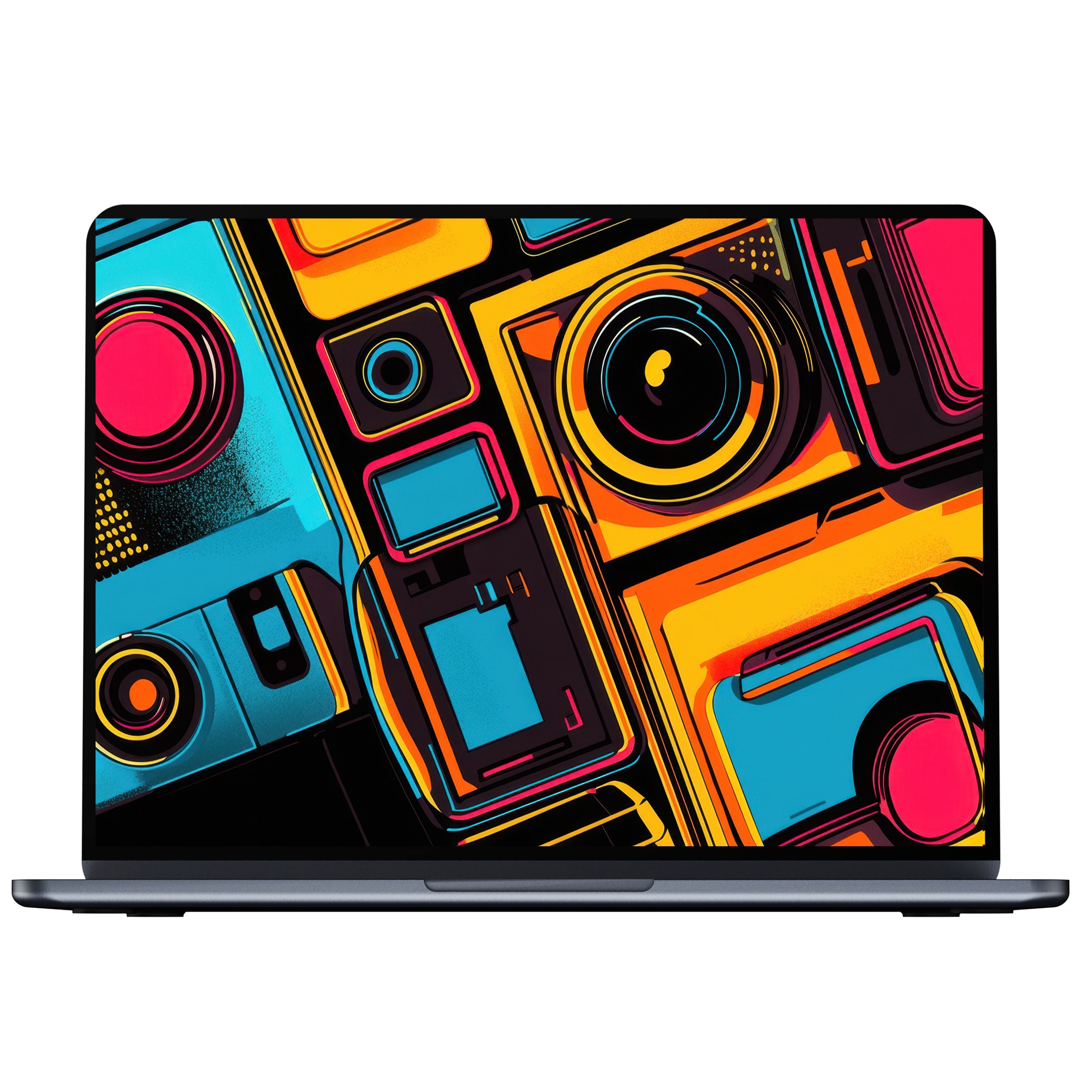 Vibrant pop art desktop wallpaper featuring bold geometric patterns in blue and orange for an inspiring digital download for PC or laptop
