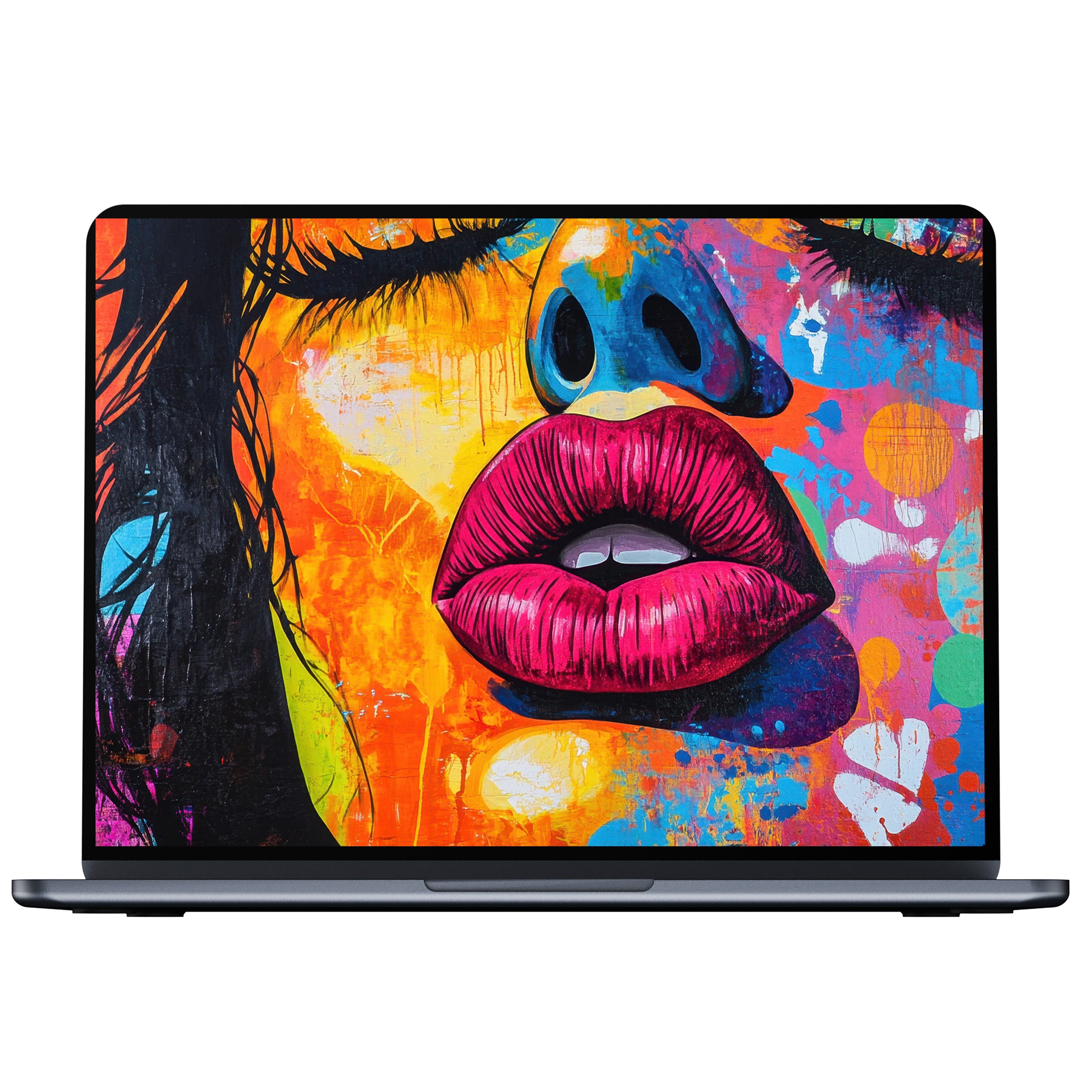 Vibrant pop art desktop wallpaper with bold lips, offering digital download for PC and laptop, inspires elegance and creativity