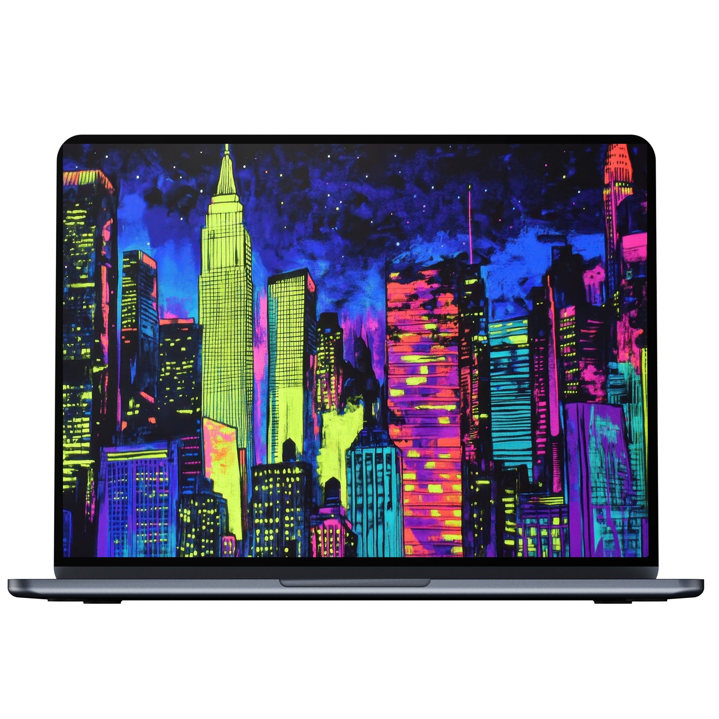 Vibrant pop art desktop wallpaper with neon cityscape offers digital download for PC and laptop enhancing calm elegance and inspiration