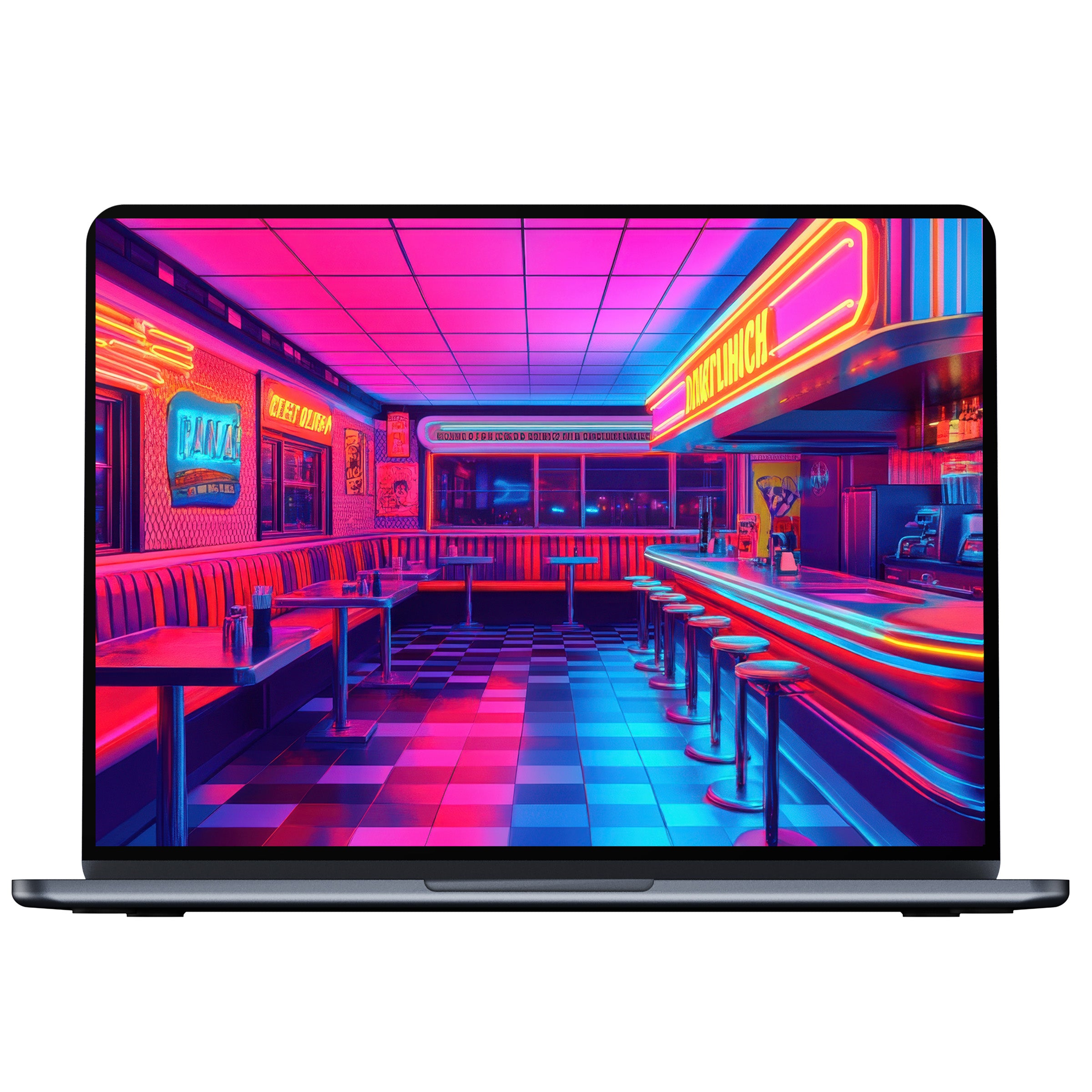 Vibrant pop art desktop wallpaper digital download with neon-lit diner scene, ideal for PC, Laptop, Mac enhancing inspiration