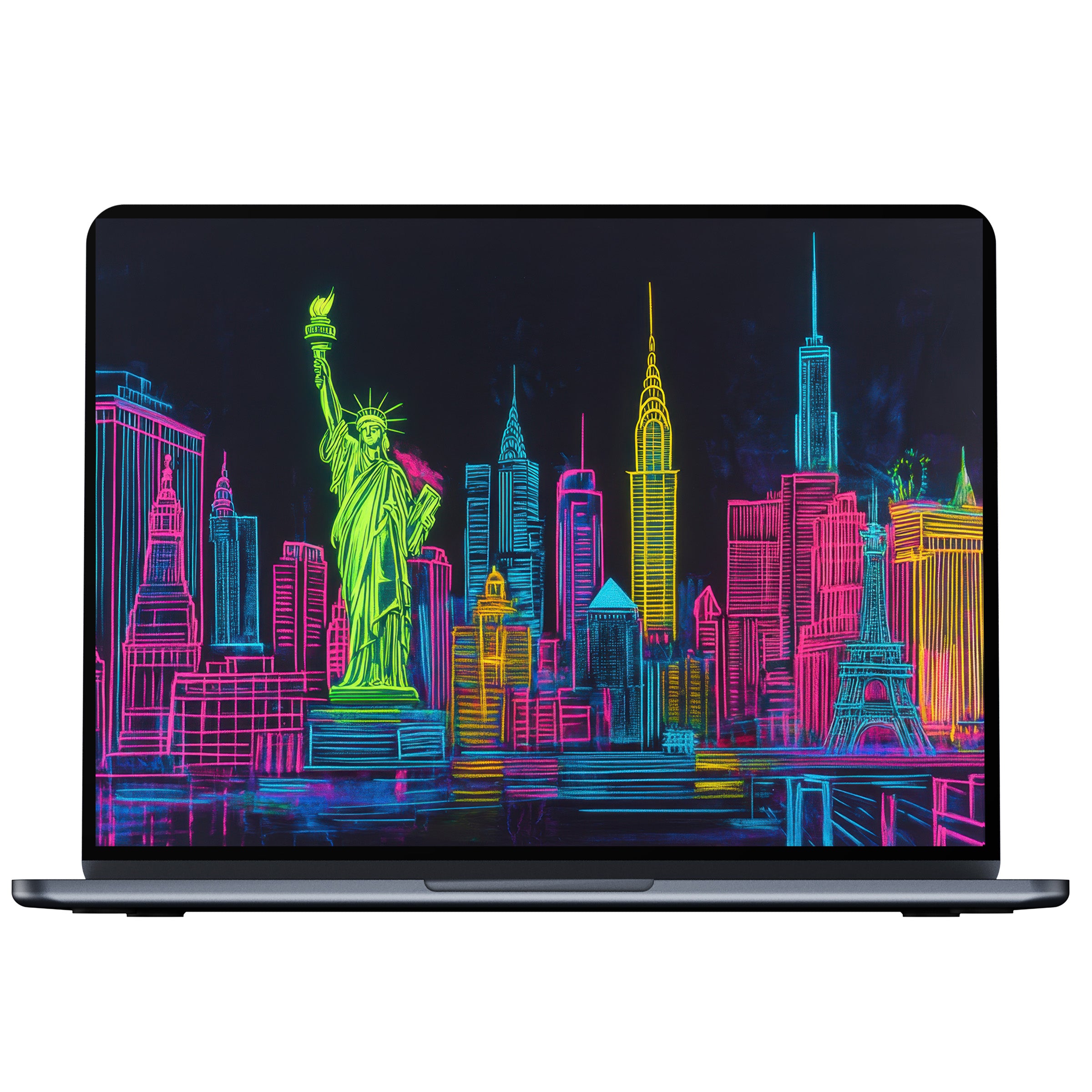 Vibrant pop art desktop wallpaper in neon hues brightens PC or laptop screens with NYC skyline, a digital download for elegance and inspiration