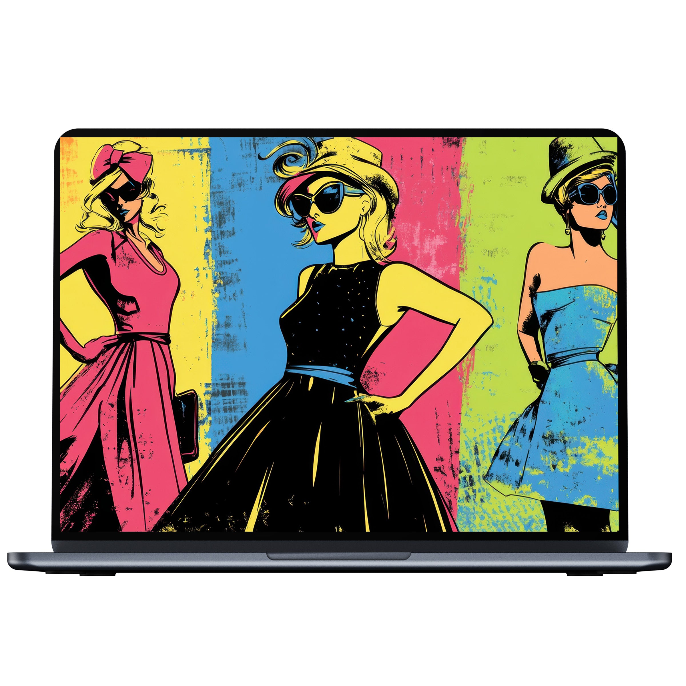 Vibrant pop art desktop wallpaper with elegant figures in bold colors for digital download; fits PC, laptop, or Mac