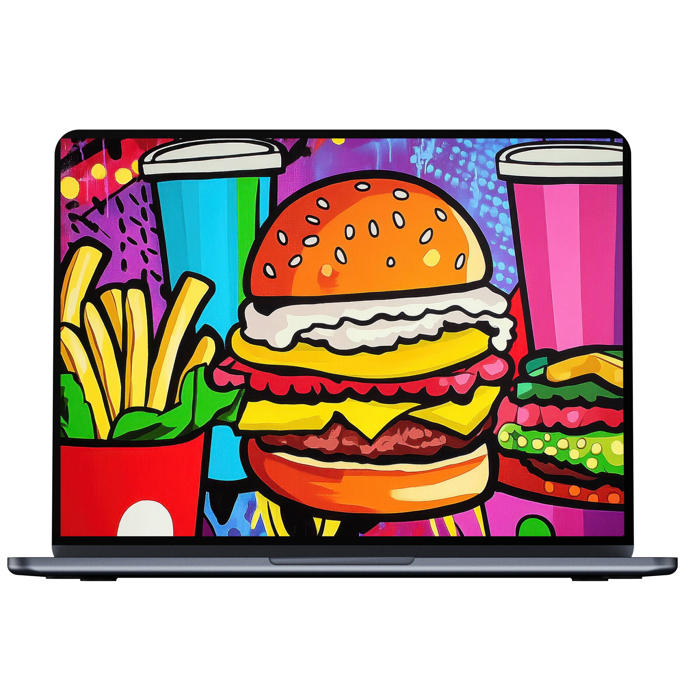 Vibrant pop art desktop wallpaper featuring colorful burger and fries, ideal digital download for PC or laptop, inspiring elegance