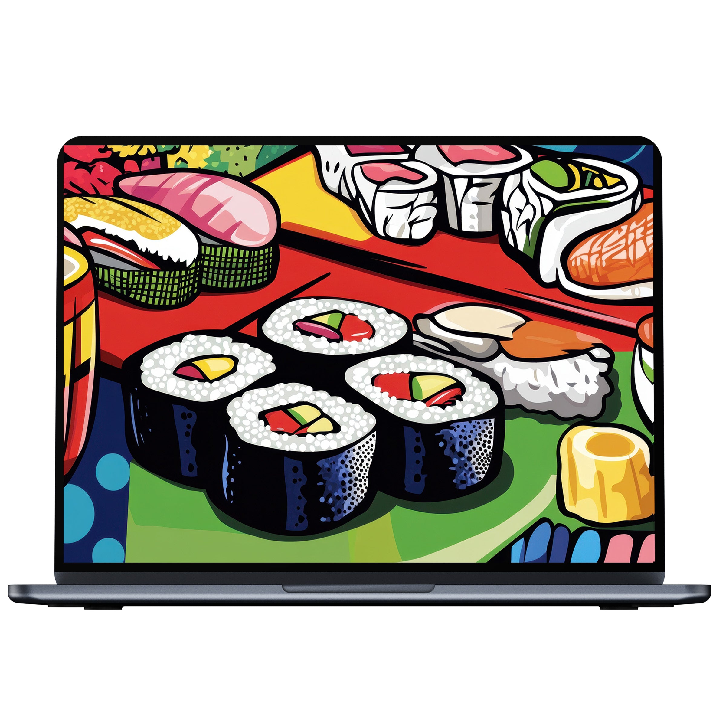 Vibrant pop art desktop wallpaper featuring colorful sushi in bold textures, perfect as a digital download for PC or laptop screens