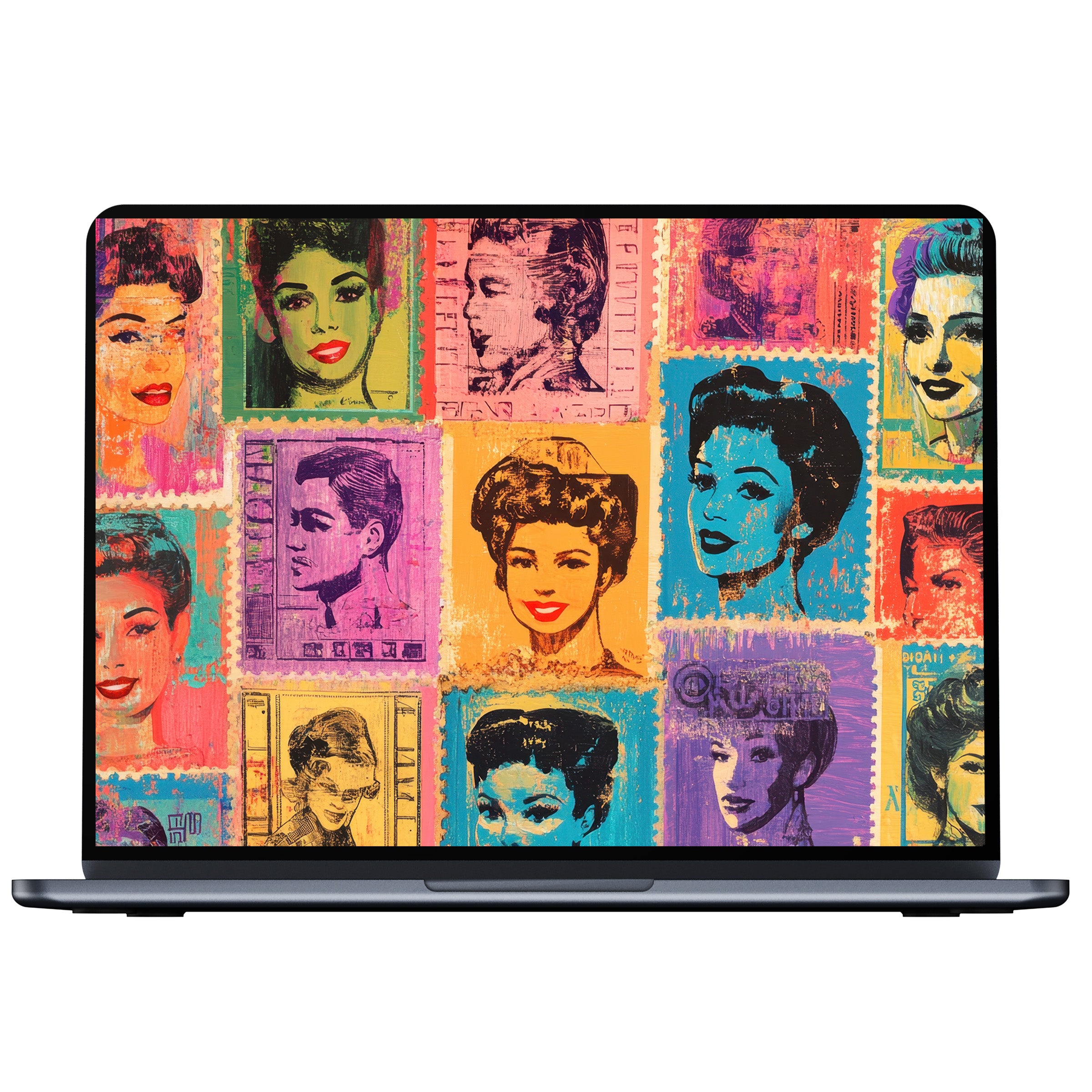 Colorful pop art desktop wallpaper digital download with retro portraits, vibrant hues, and elegant style for PC and laptop screens
