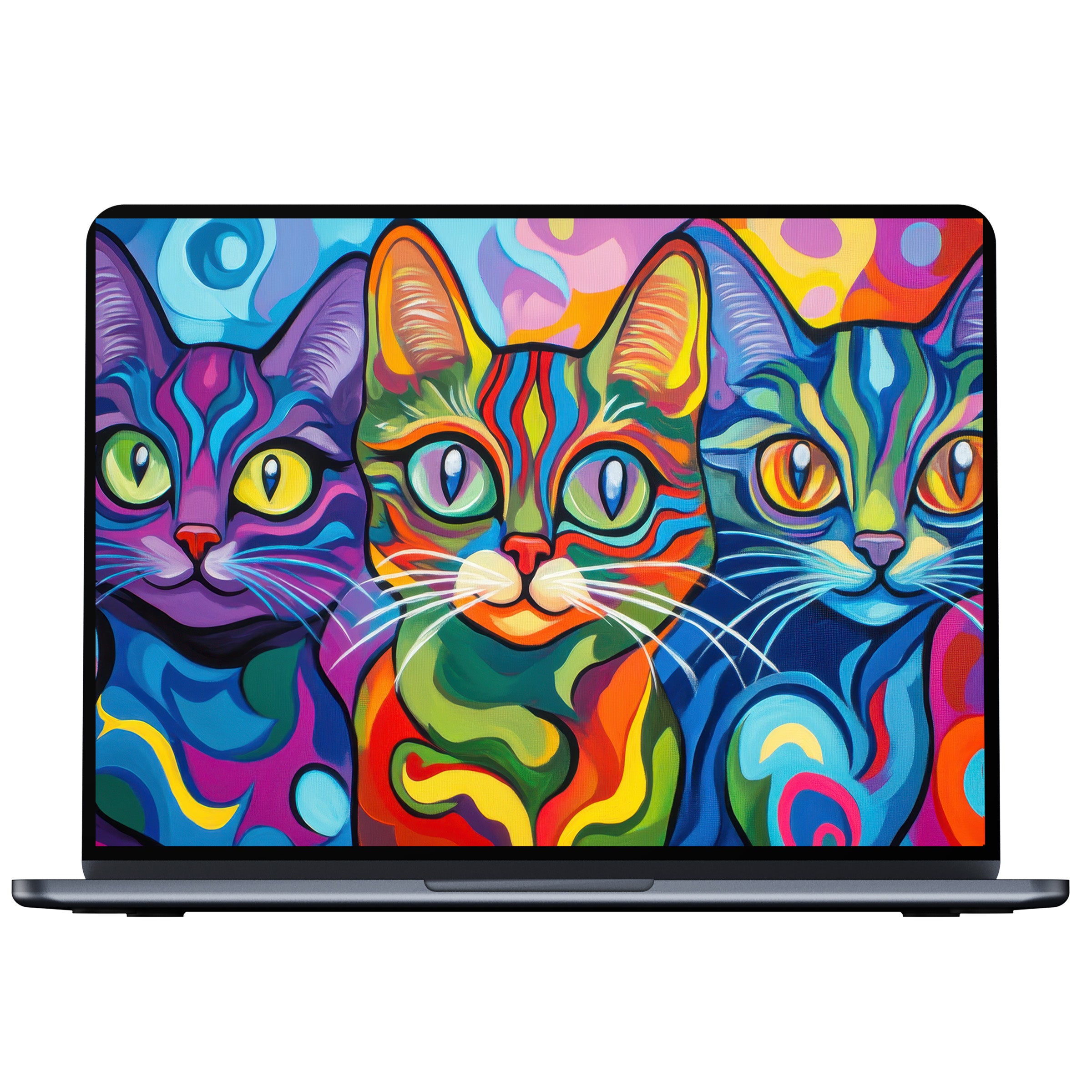 Vibrant pop art desktop wallpaper featuring colorful cats, perfect digital download for PC or laptop, inspiring elegance and calm