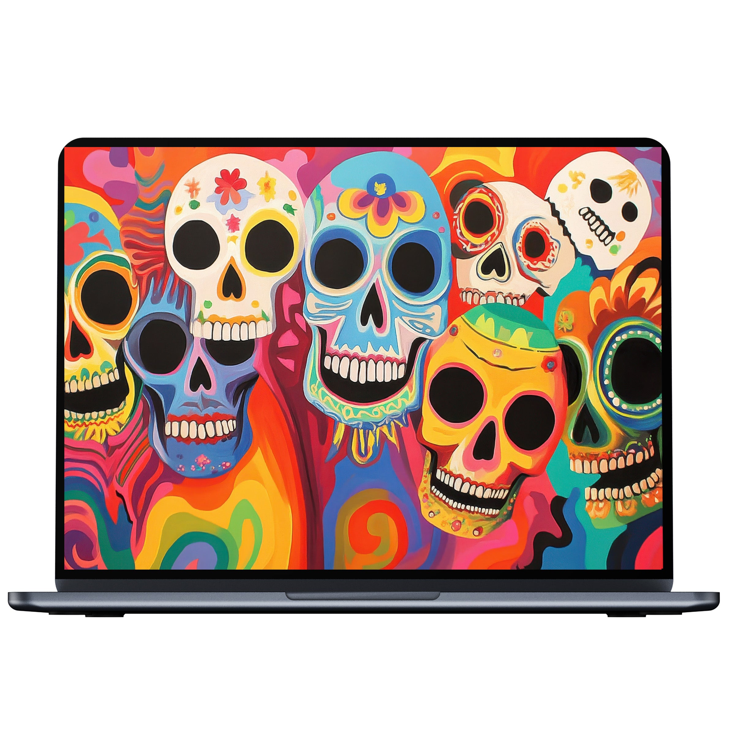 Vibrant pop art desktop wallpaper with colorful skulls inspires calm and elegance, perfect digital download for PC and laptop screens