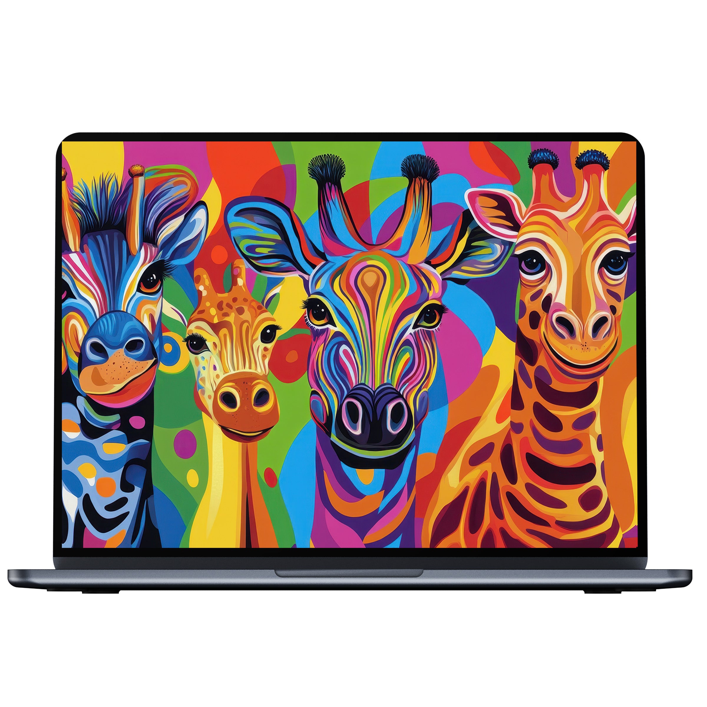 Vibrant pop art desktop wallpaper of colorful giraffes offers calm and elegance for PC and laptop digital download