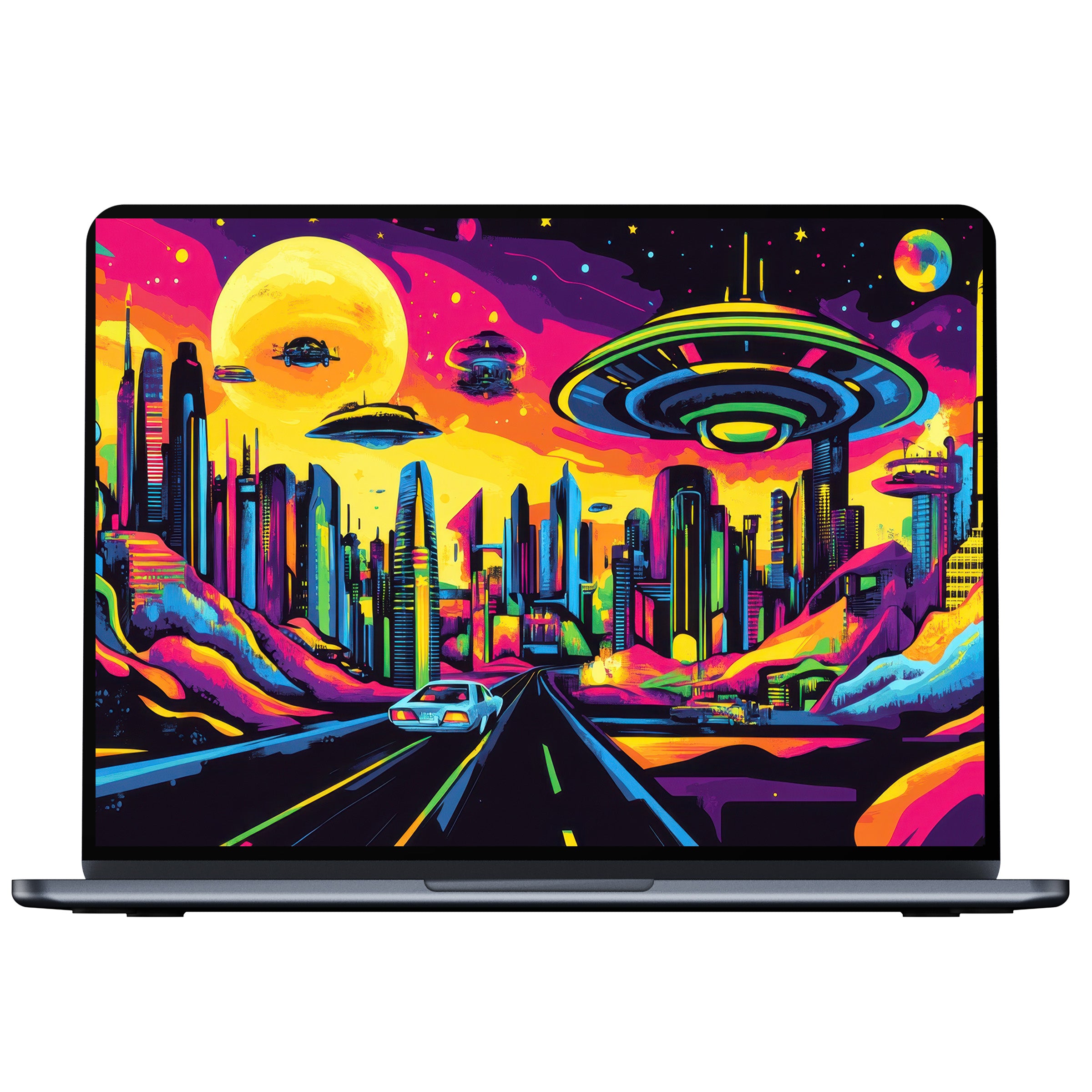 Vibrant pop art desktop wallpaper featuring a futuristic cityscape with neon colors, perfect for PC or laptop digital download