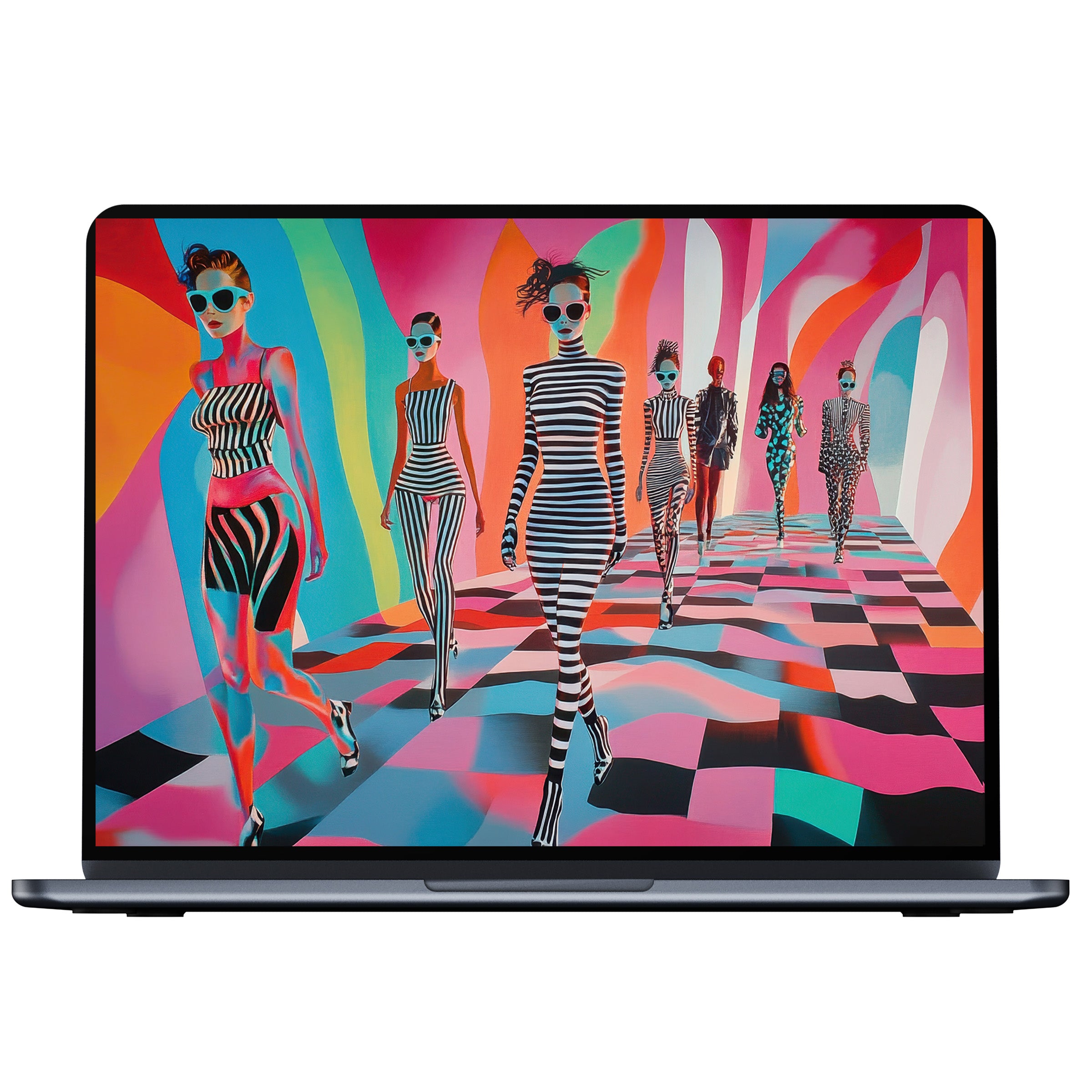 Vibrant pop art desktop wallpaper featuring colorful, striped figures on a checkered catwalk, ideal digital download for PC or laptop use