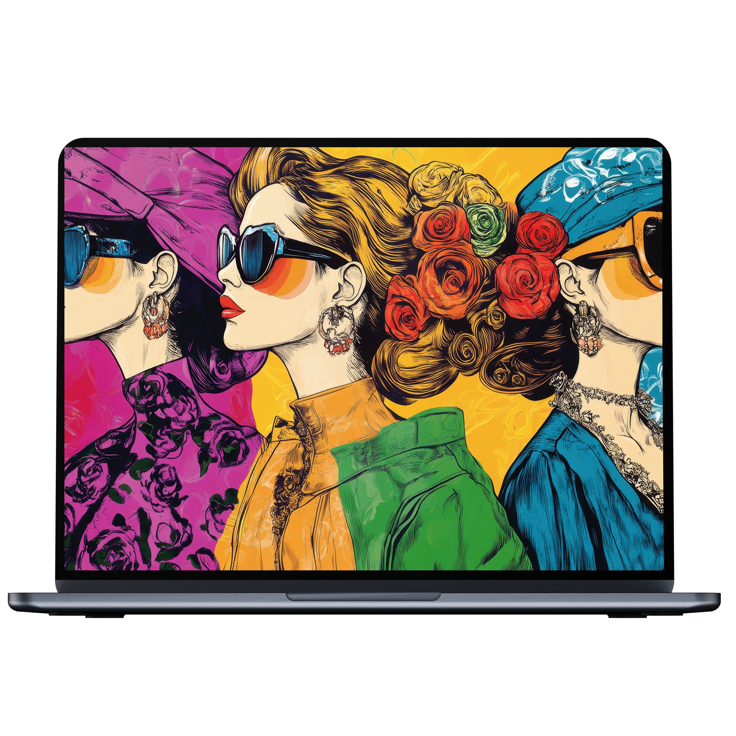 Vibrant pop art desktop wallpaper featuring elegant, colorful portraits perfect for digital download on PC, laptop, and Mac