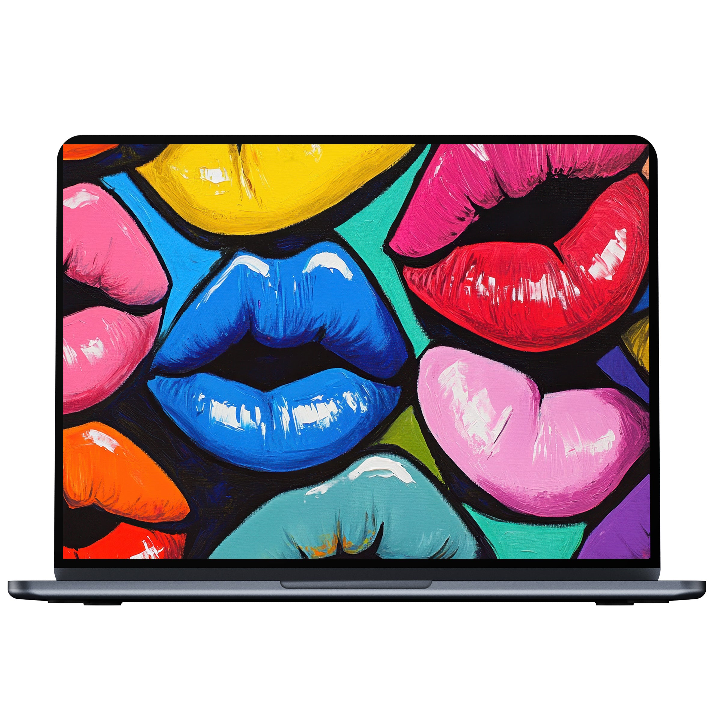 Vibrant pop art desktop wallpaper with colorful lips, ideal digital download for PC, laptop, or Mac enhancing tranquility and style