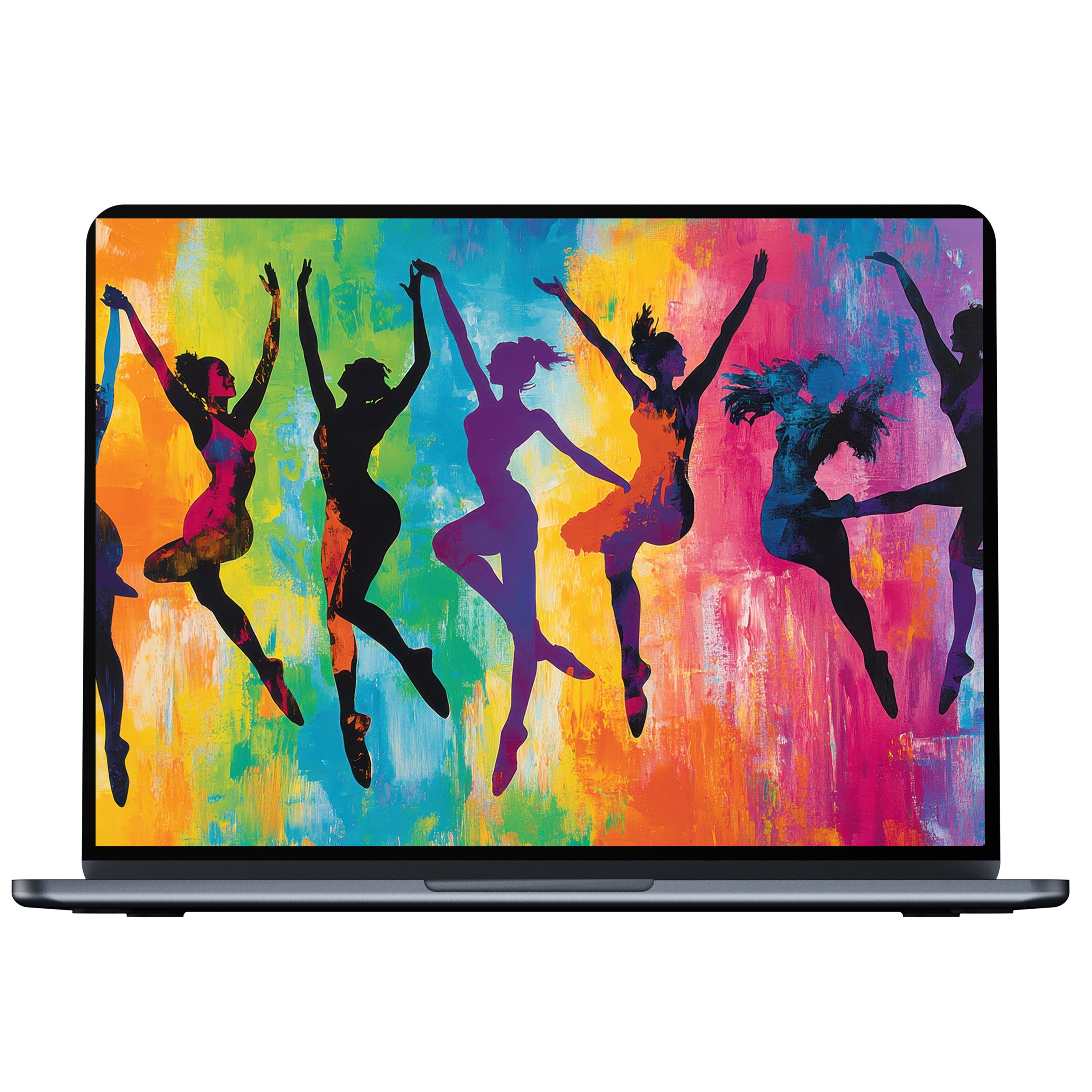 Vibrant pop art desktop wallpaper featuring colorful dancer silhouettes for inspiring digital download fits PC and laptop screens