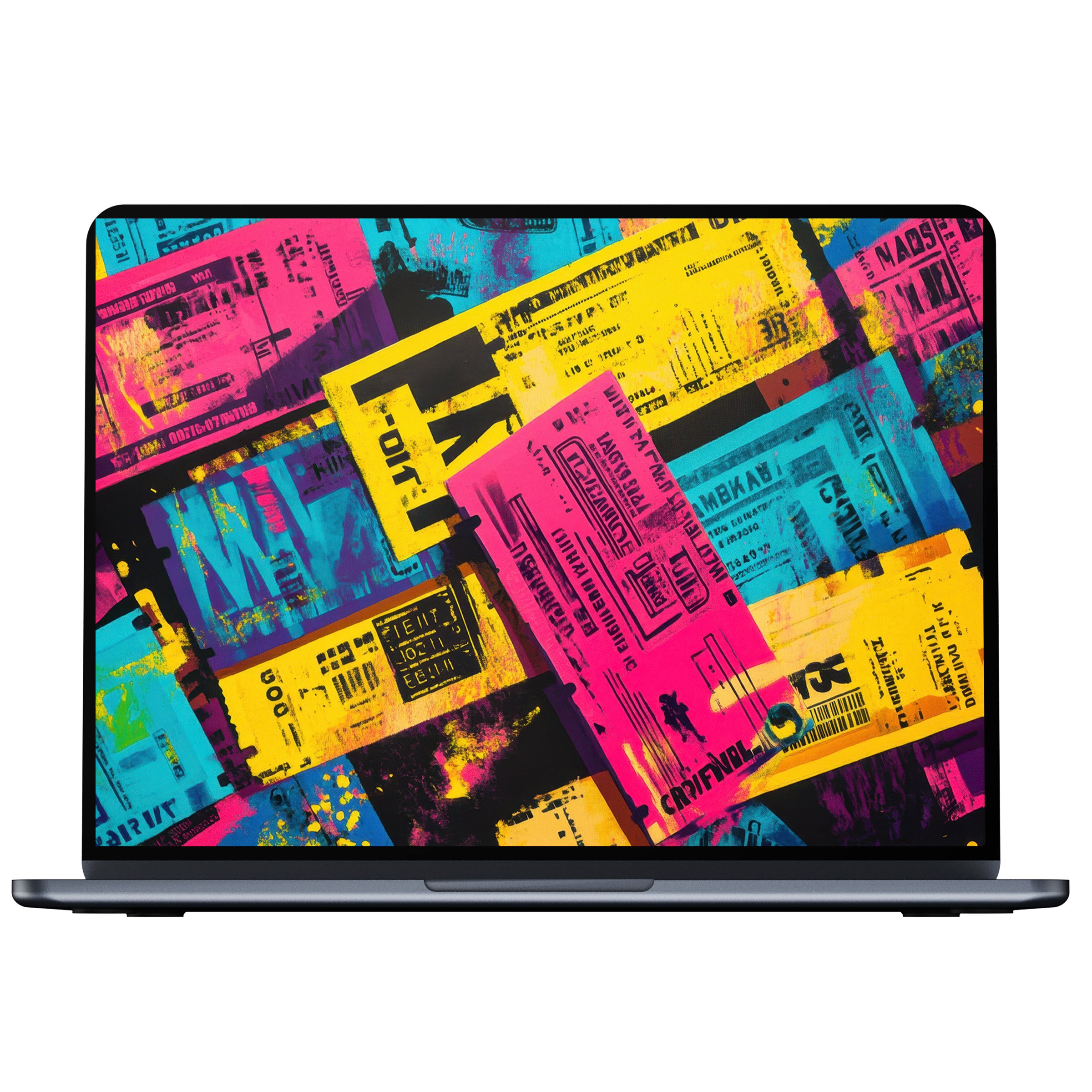 Pop art desktop wallpaper digital download featuring vibrant ticket textures in bold blues and yellows for PC and laptop inspiration