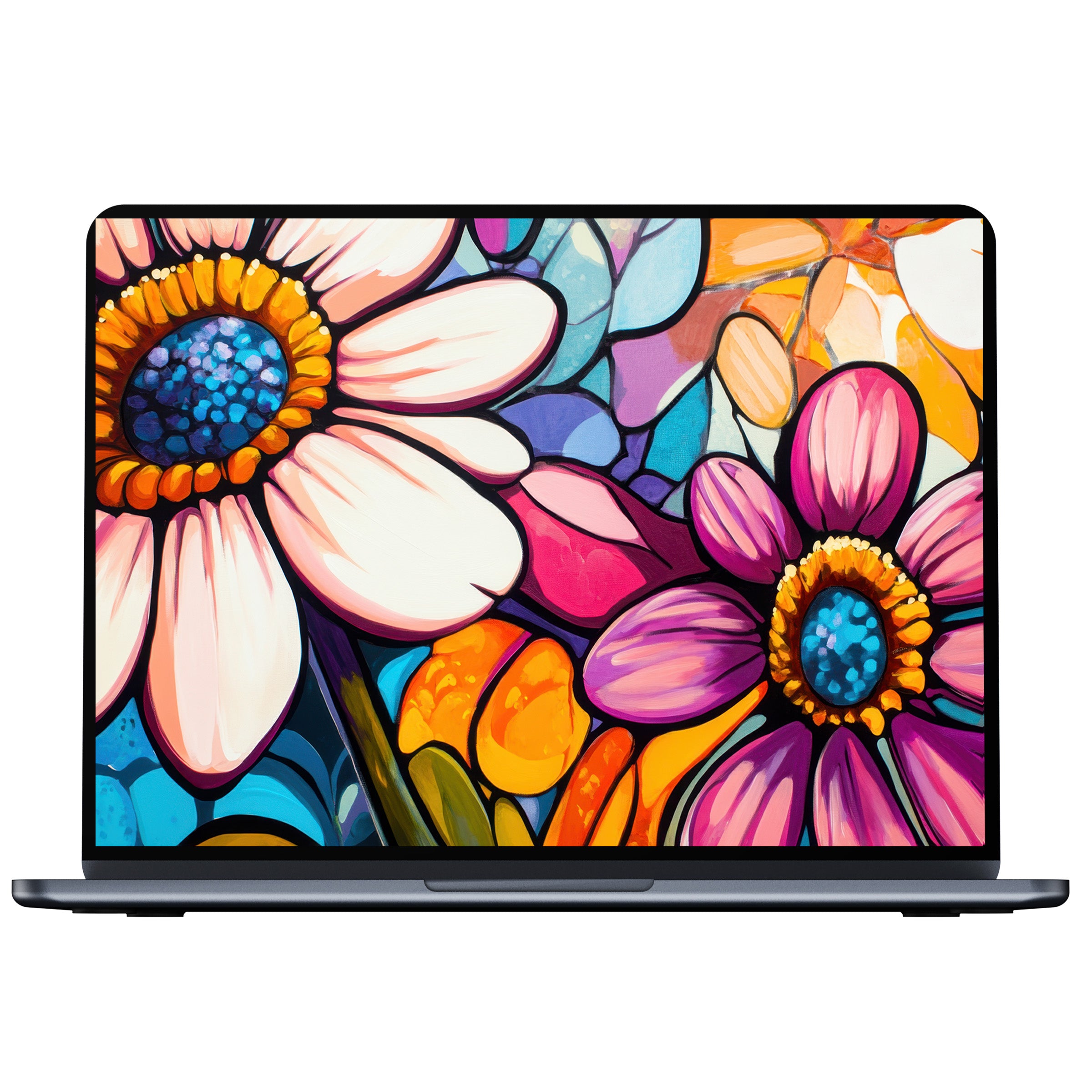 Vibrant pop art desktop wallpaper featuring colorful abstract flowers, ideal for digital download on PC, laptop, or Mac users seeking inspiration