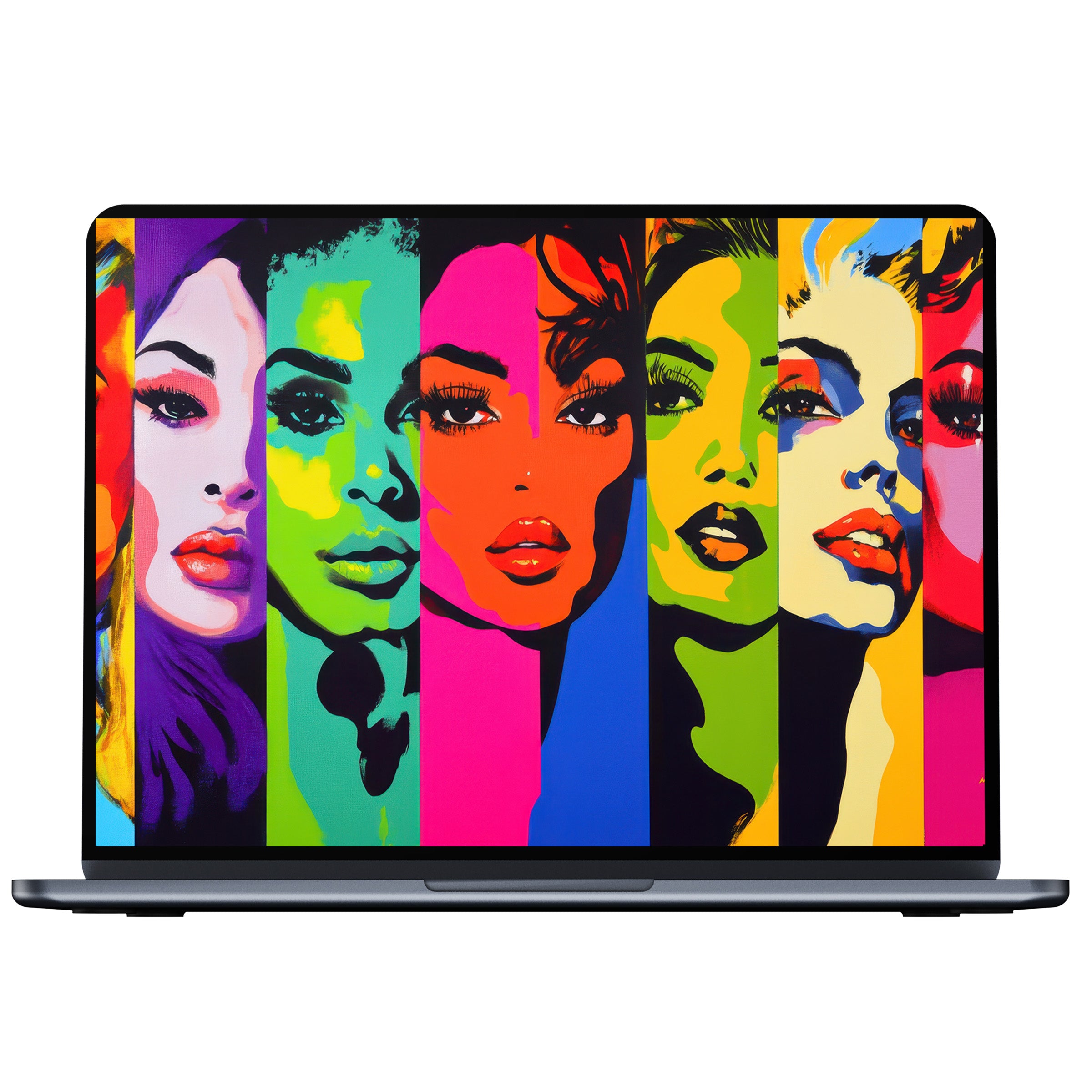Vibrant pop art desktop wallpaper featuring colorful, abstract faces inspires calm and elegance on your PC and laptop digital download