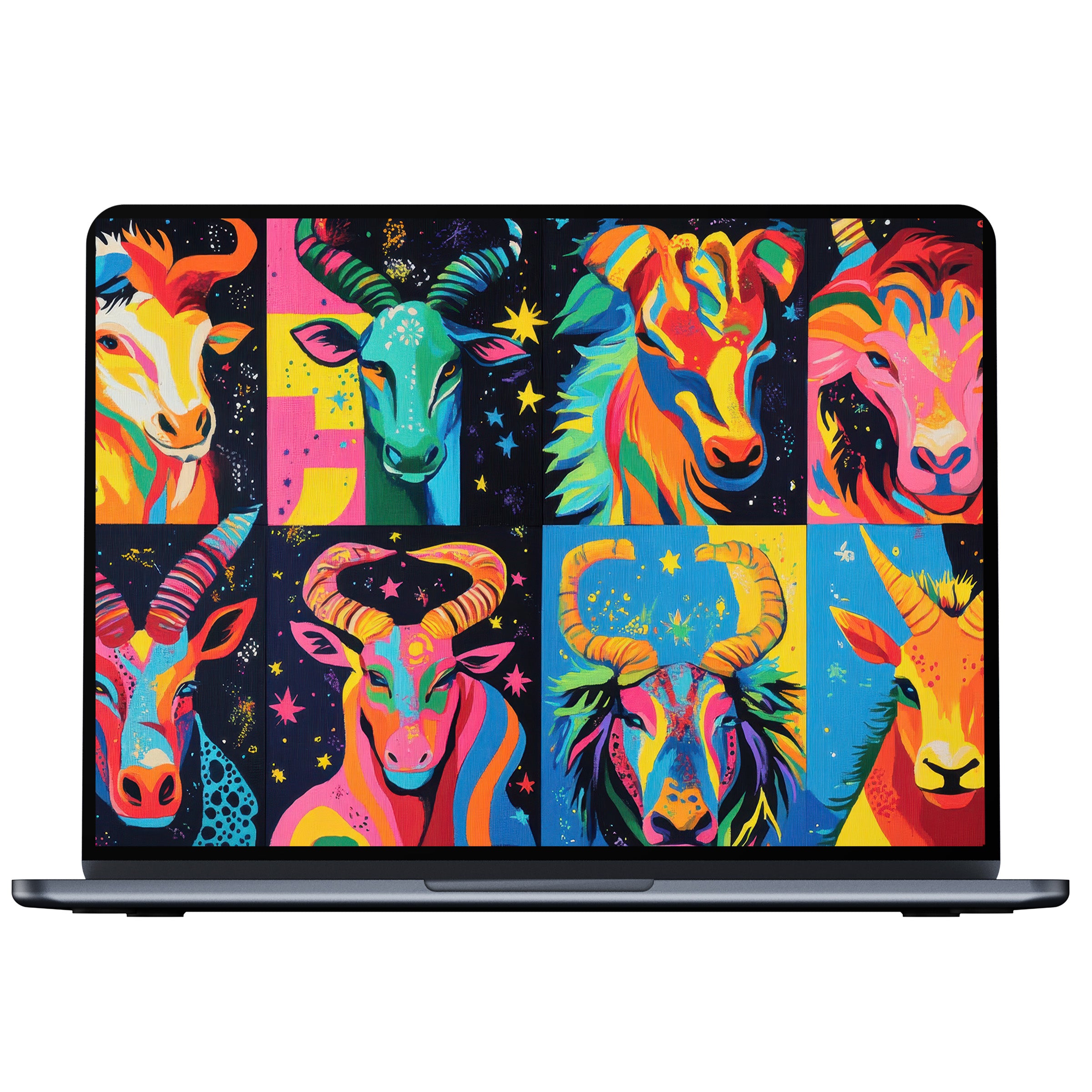 Pop art desktop wallpaper digital download featuring vibrant animal portraits in striking neon hues inspires calm elegance for PC and laptops