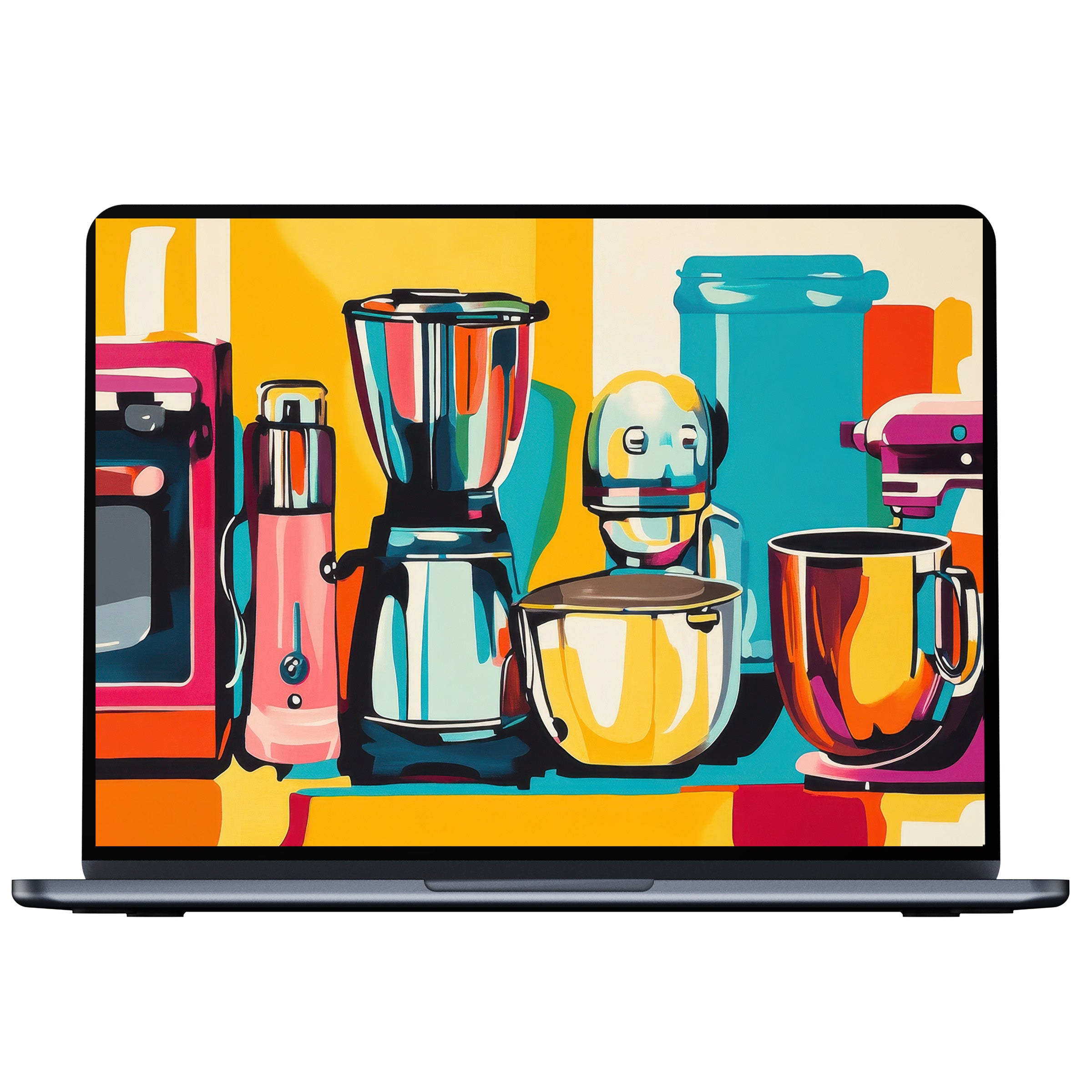 Vibrant pop art desktop wallpaper featuring colorful kitchen appliances offers elegance and inspiration for digital download on PC and laptop