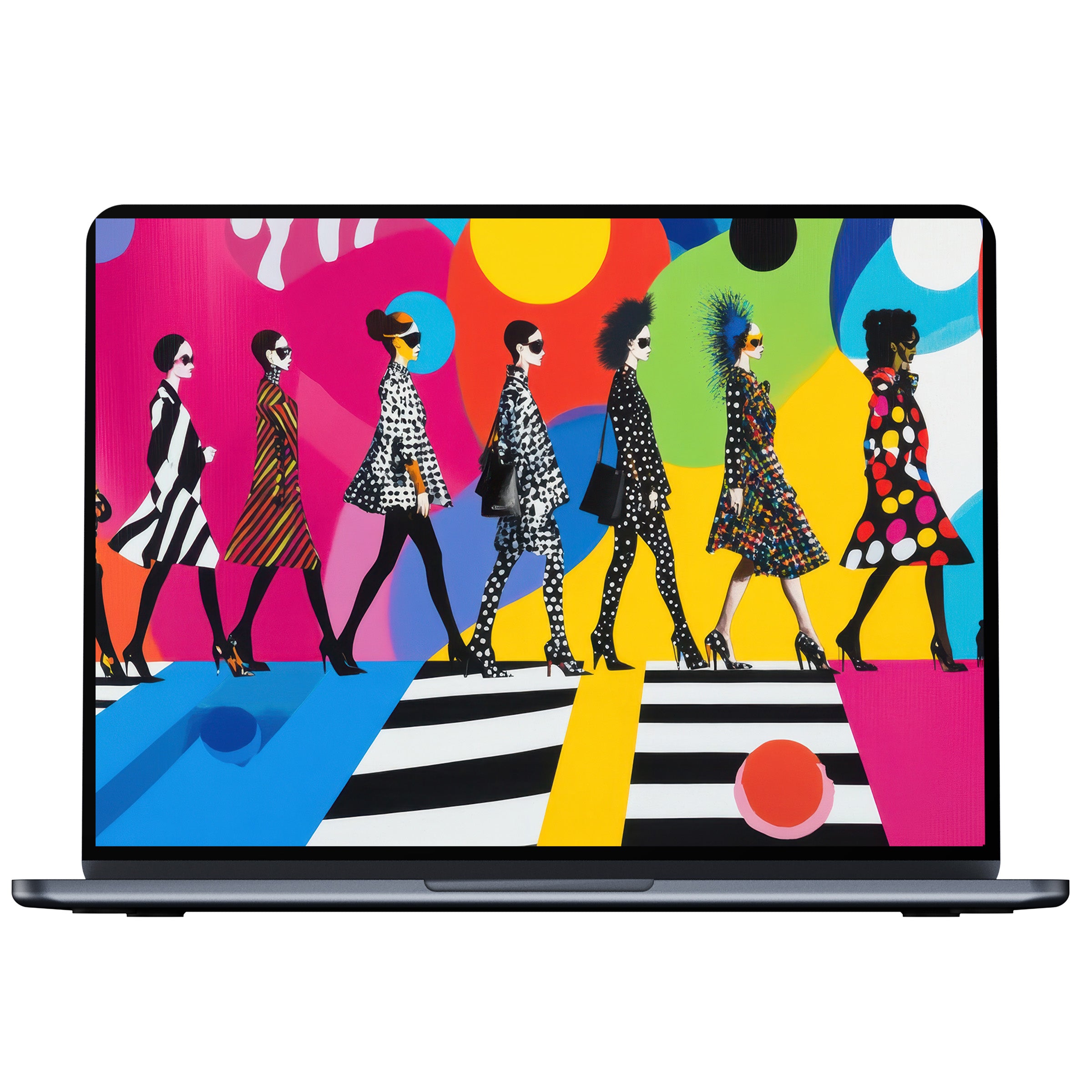 Vibrant pop art desktop wallpaper features stylish silhouettes against bold colors, available for digital download on PC, laptop, or Mac