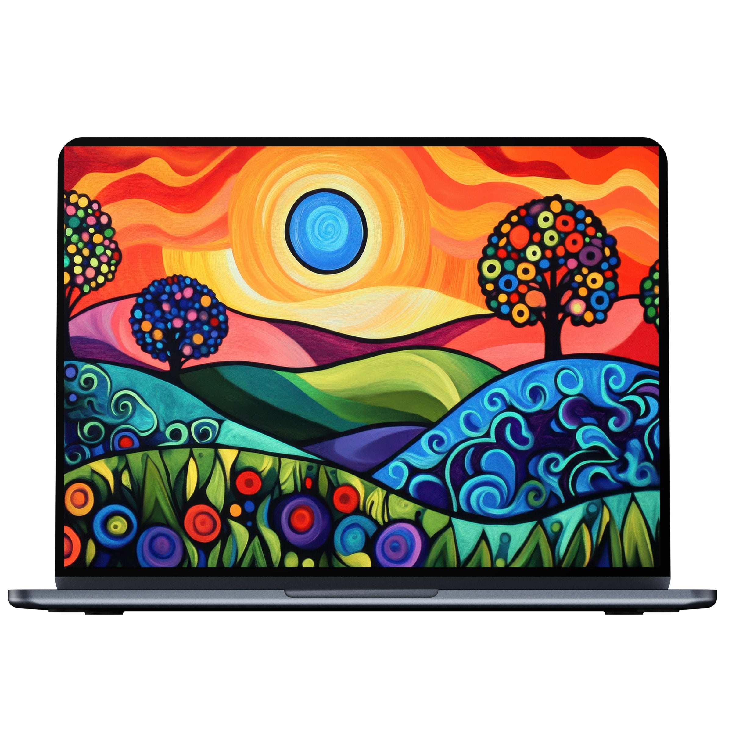 Vibrant pop art desktop wallpaper with colorful landscape and sun for PC, laptop digital download elevates calm inspiration