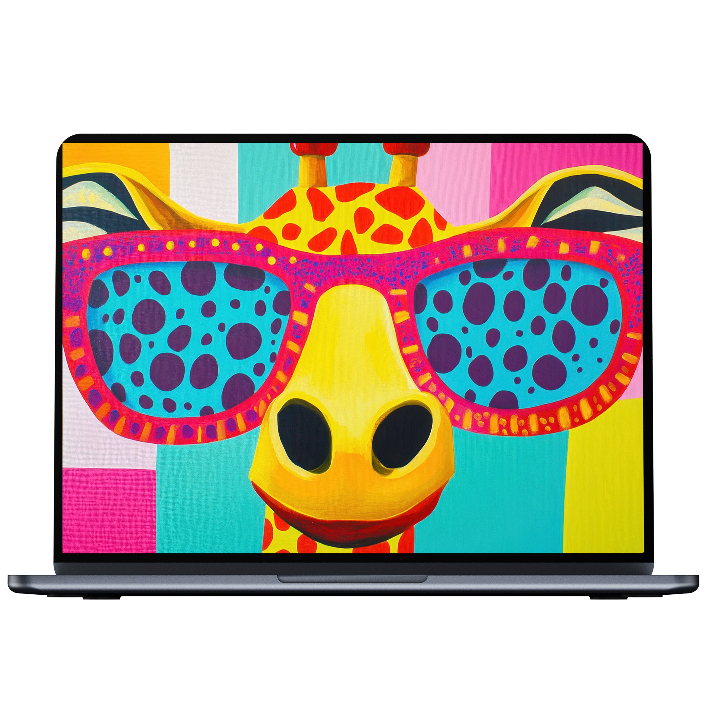 Vibrant pop art desktop wallpaper featuring a stylish giraffe in colorful sunglasses inspires calm and elegance for PC and laptop use