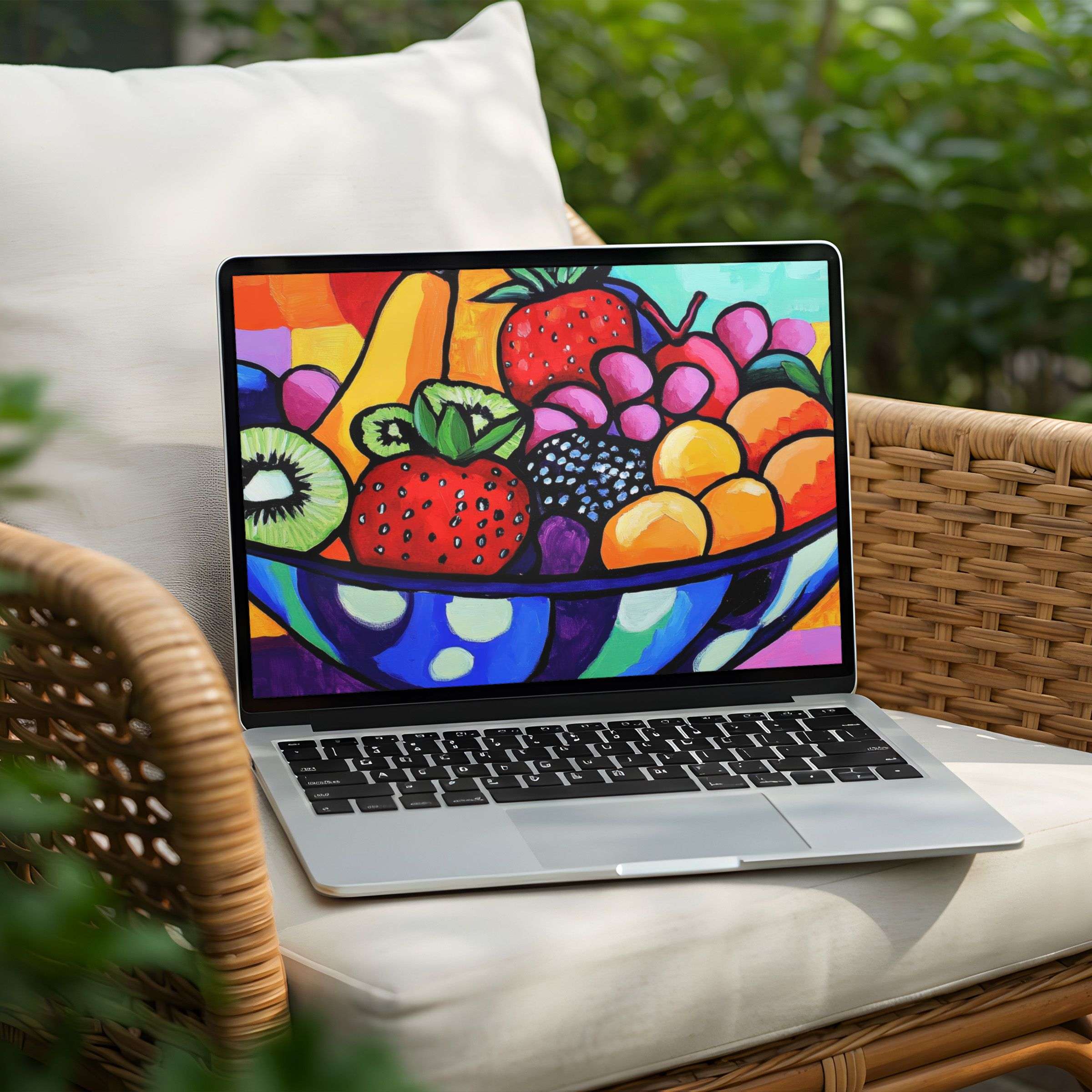 Vibrant digital art of colorful fruit bowl as an inspiring desktop background instant download for PC or Laptop users seeking elegance