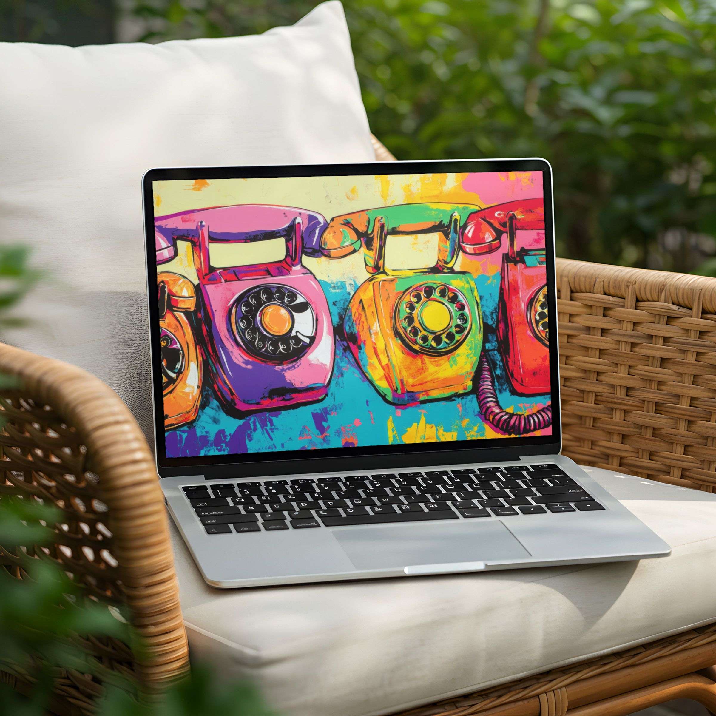 Vibrant retro telephones in colorful digital art for desktop background instant download inspiring calm on your PC or Laptop