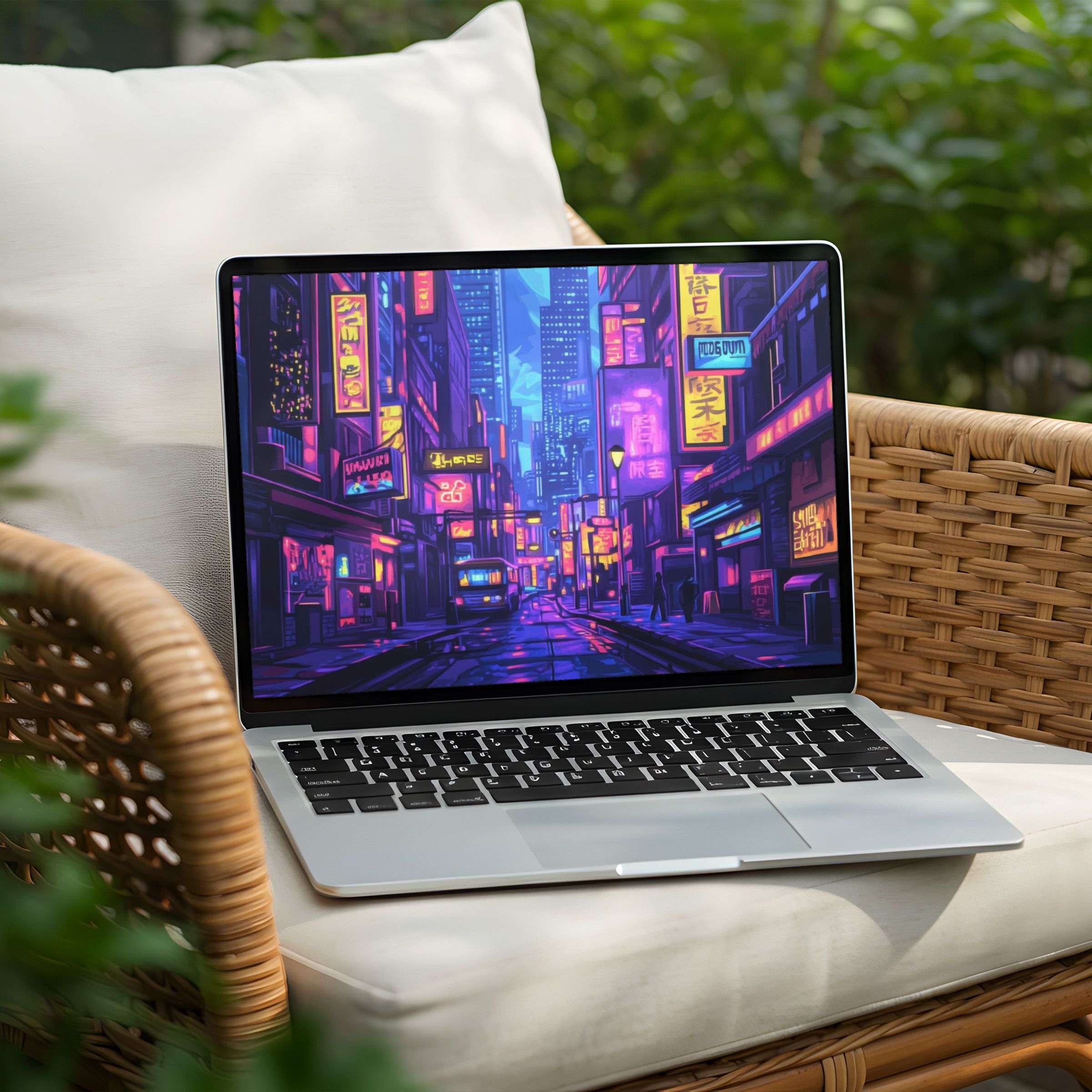 Vibrant neon cityscape desktop background for PC or Laptop, available as an instant download, inspires calm elegance and mindfulness
