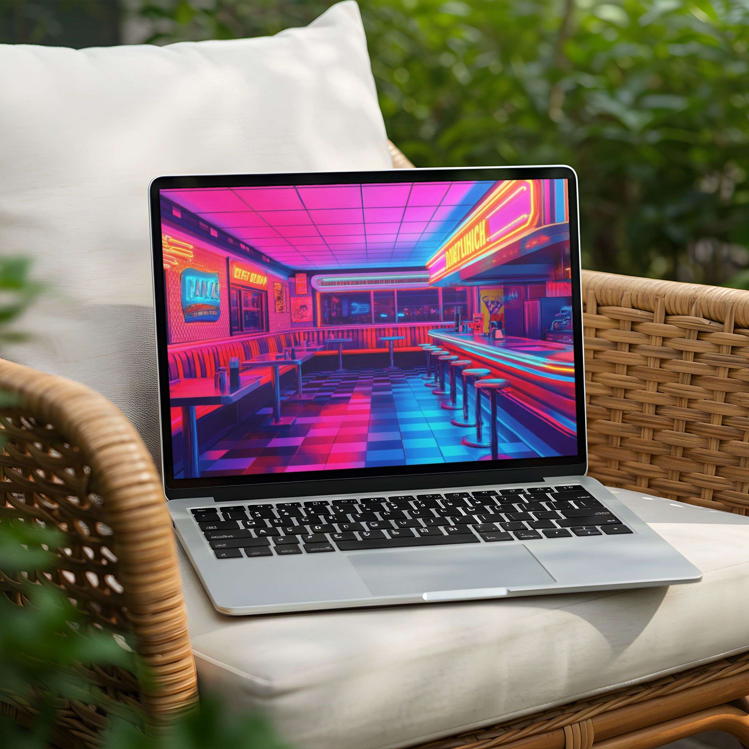 Vibrant neon diner desktop background for PC or Laptop offers instant download, a blend of calm and retro elegance for mindful inspiration