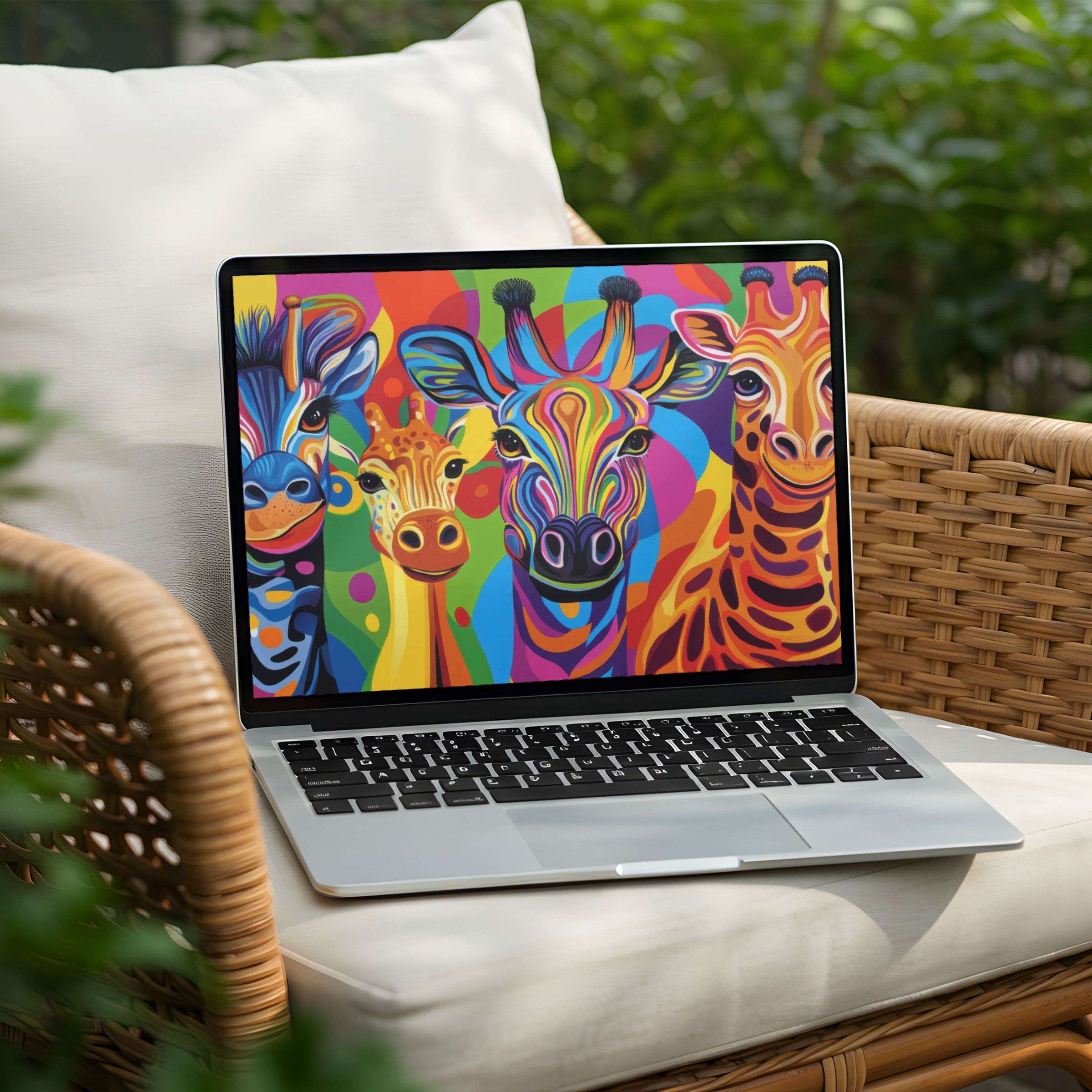 Vibrant giraffe art desktop background on a PC, instant download brings elegance and inspiration to your Laptop workspace