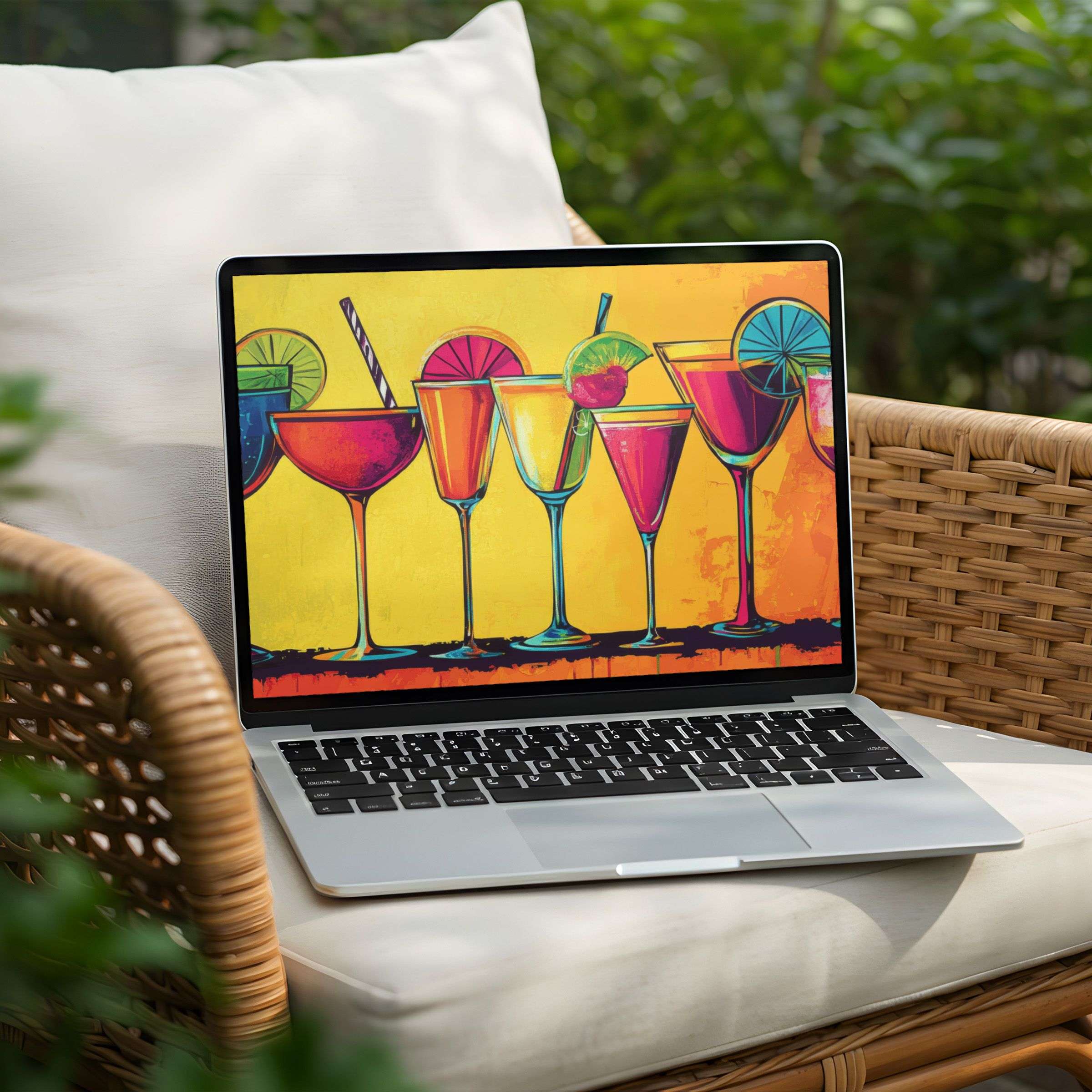 Vibrant cocktail art on a sleek laptop serves as a desktop background for PC and Laptop instant download inspiring elegance