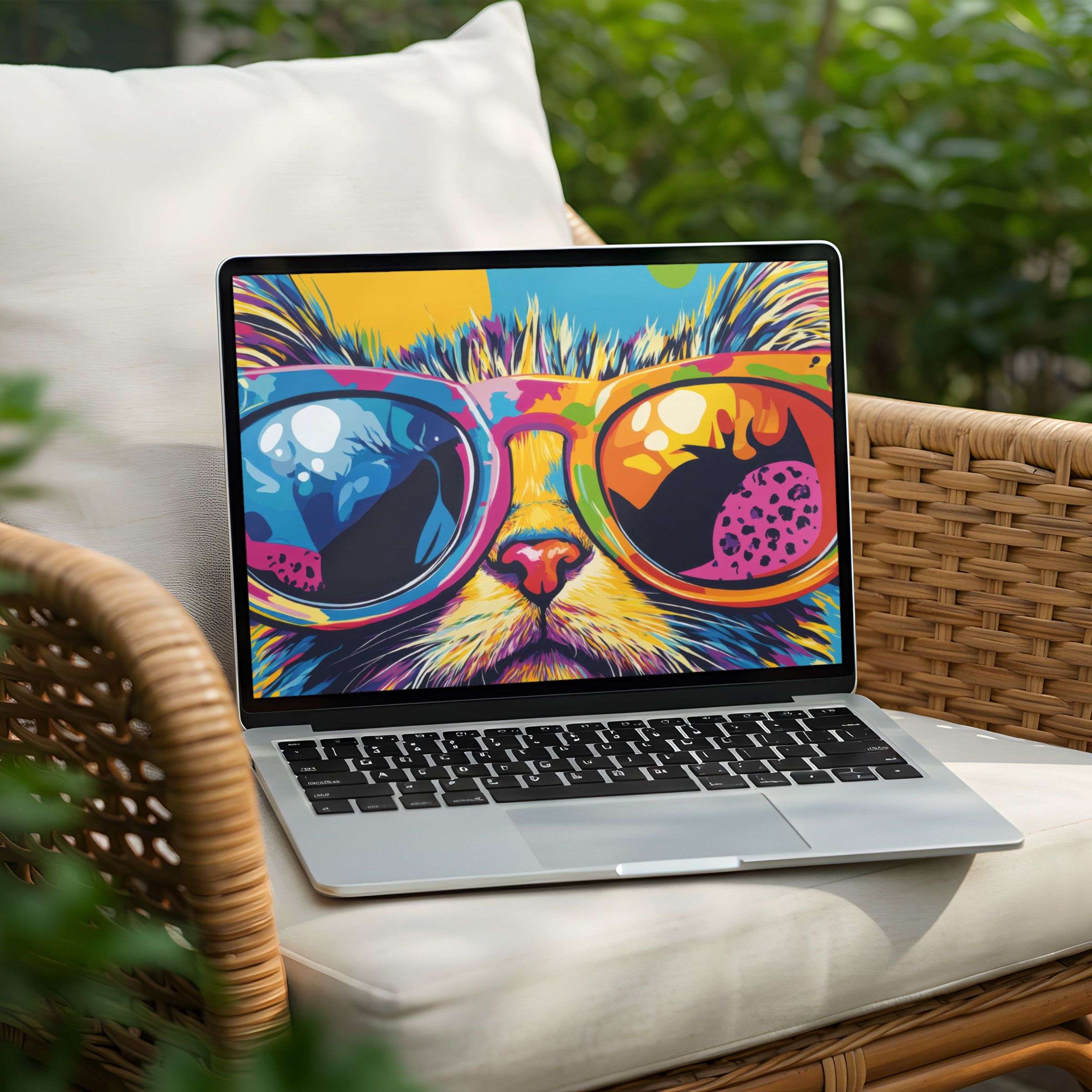 Vibrant cat sunglasses in pop art style, perfect desktop background for Laptop or PC Instant download for inspiration and calm