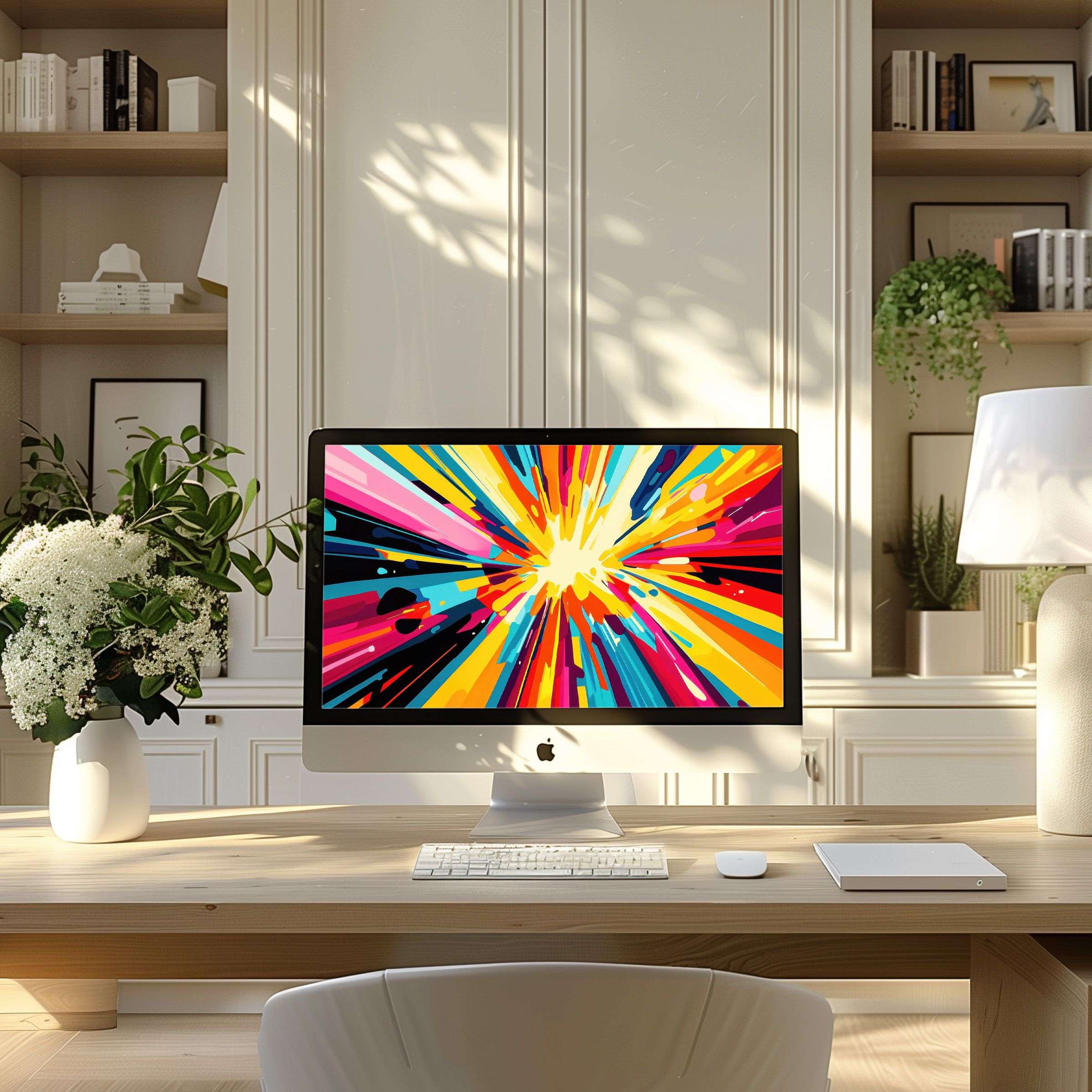 Vibrant abstract wallpaper for computer in colorful modern home office, ideal for PC or laptop, offering elegance and inspiration