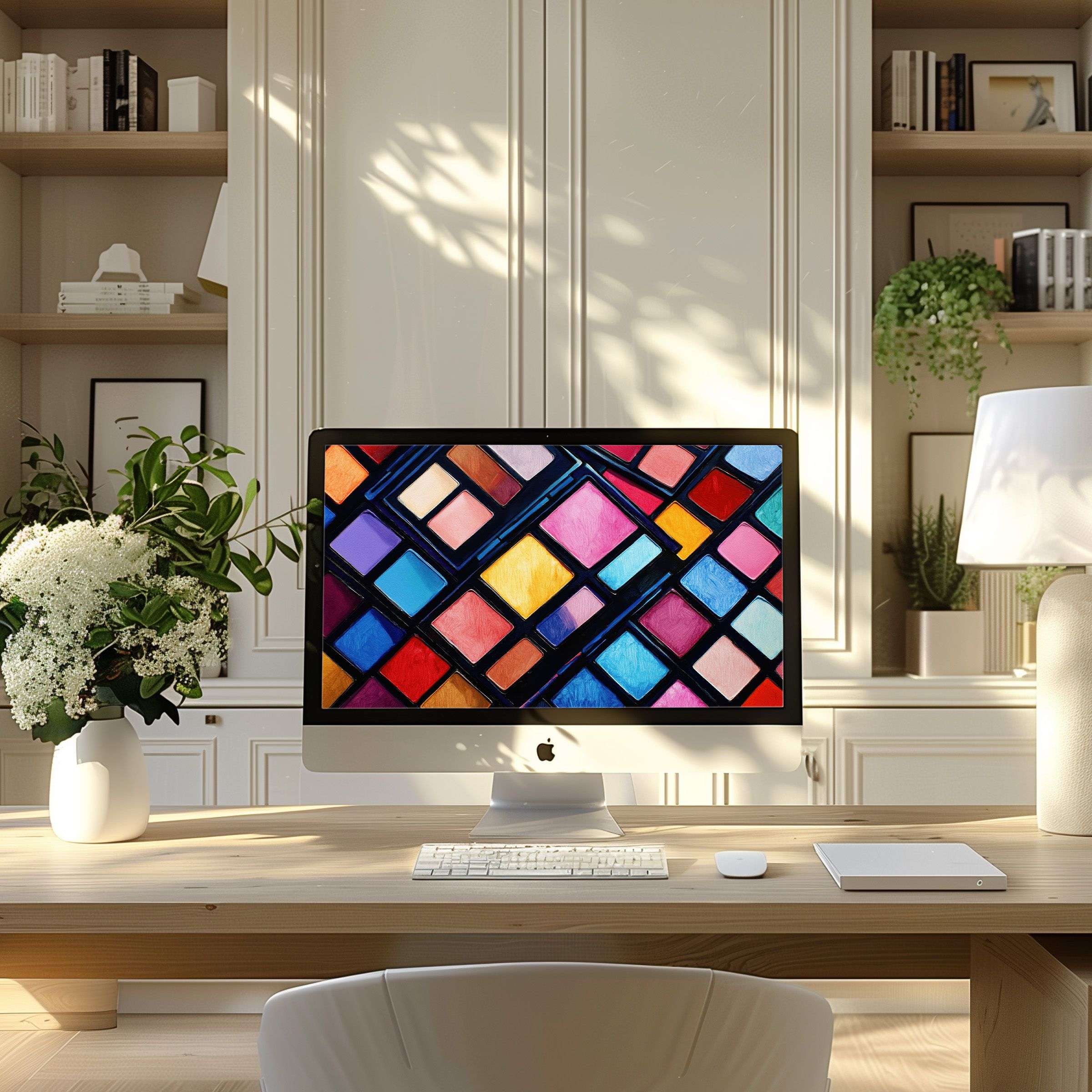 Elegant geometric stained glass style wallpaper for computer, perfect for inspiring modern PC and Laptop home offices, digital download