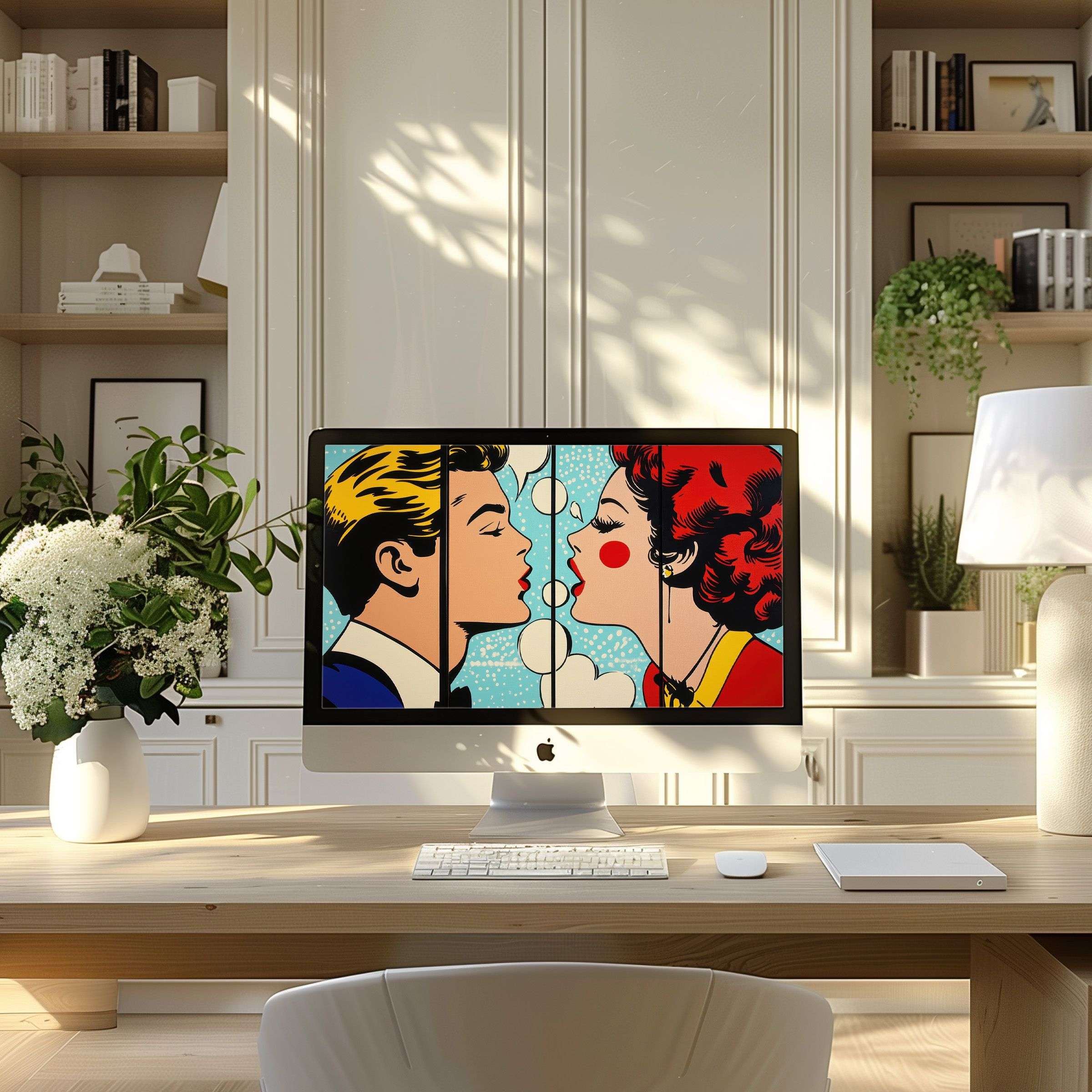 Pop art wallpaper for computer in modern home office setting inspires elegance and calm for PC and laptop digital download