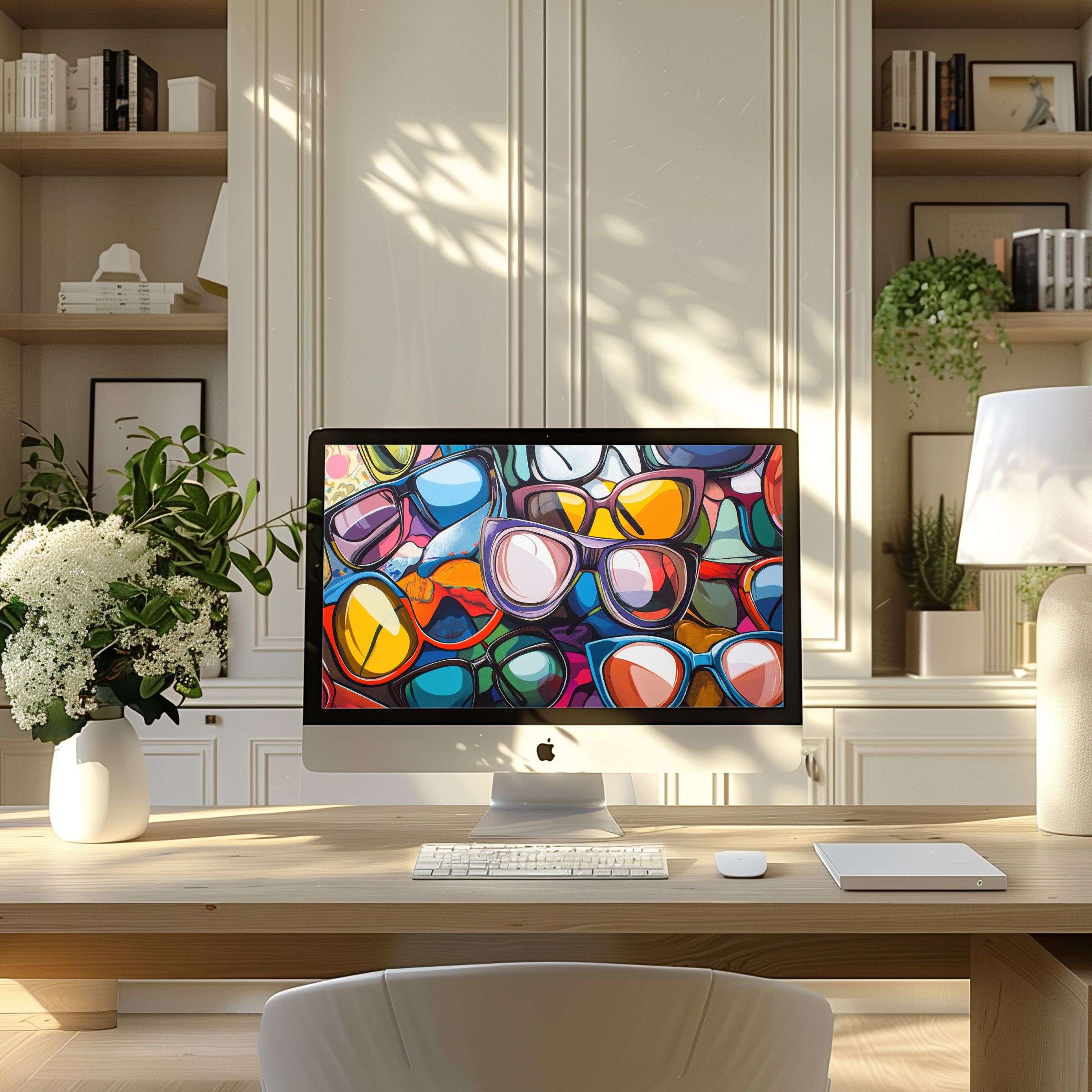 Vibrant abstract sunglasses wallpaper for computer brings elegance to your PC or laptop, inspiring calm in a modern home office setting