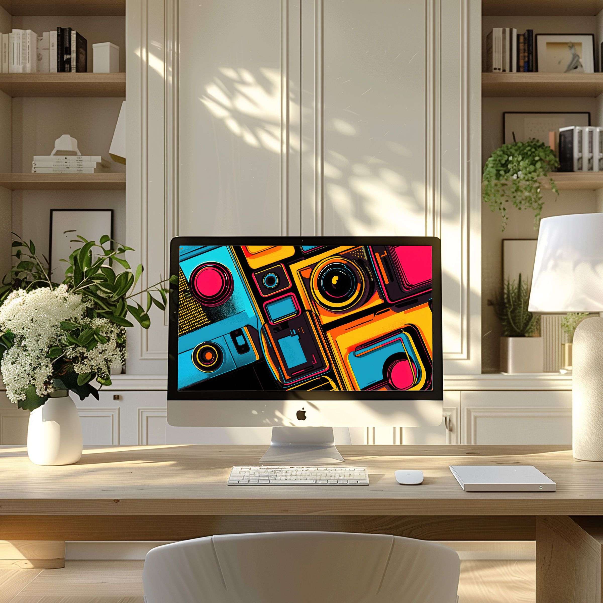 Bright abstract art, perfect wallpaper for computer PC or laptop in a calming, modern home office inspiring creativity and elegance