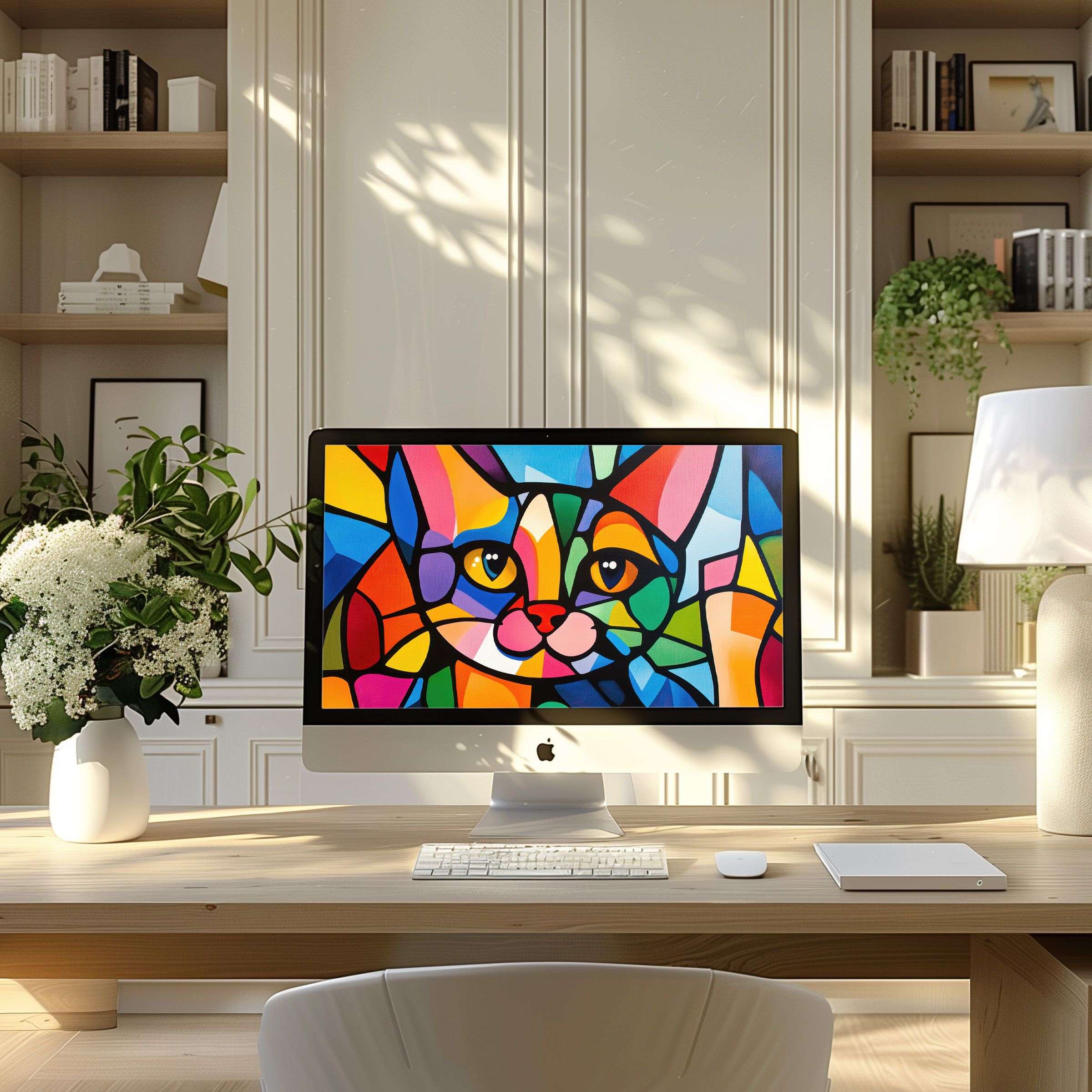 Vibrant stained glass cat wallpaper for computer adds color and calm to any modern PC or laptop setup, inspiring elegance