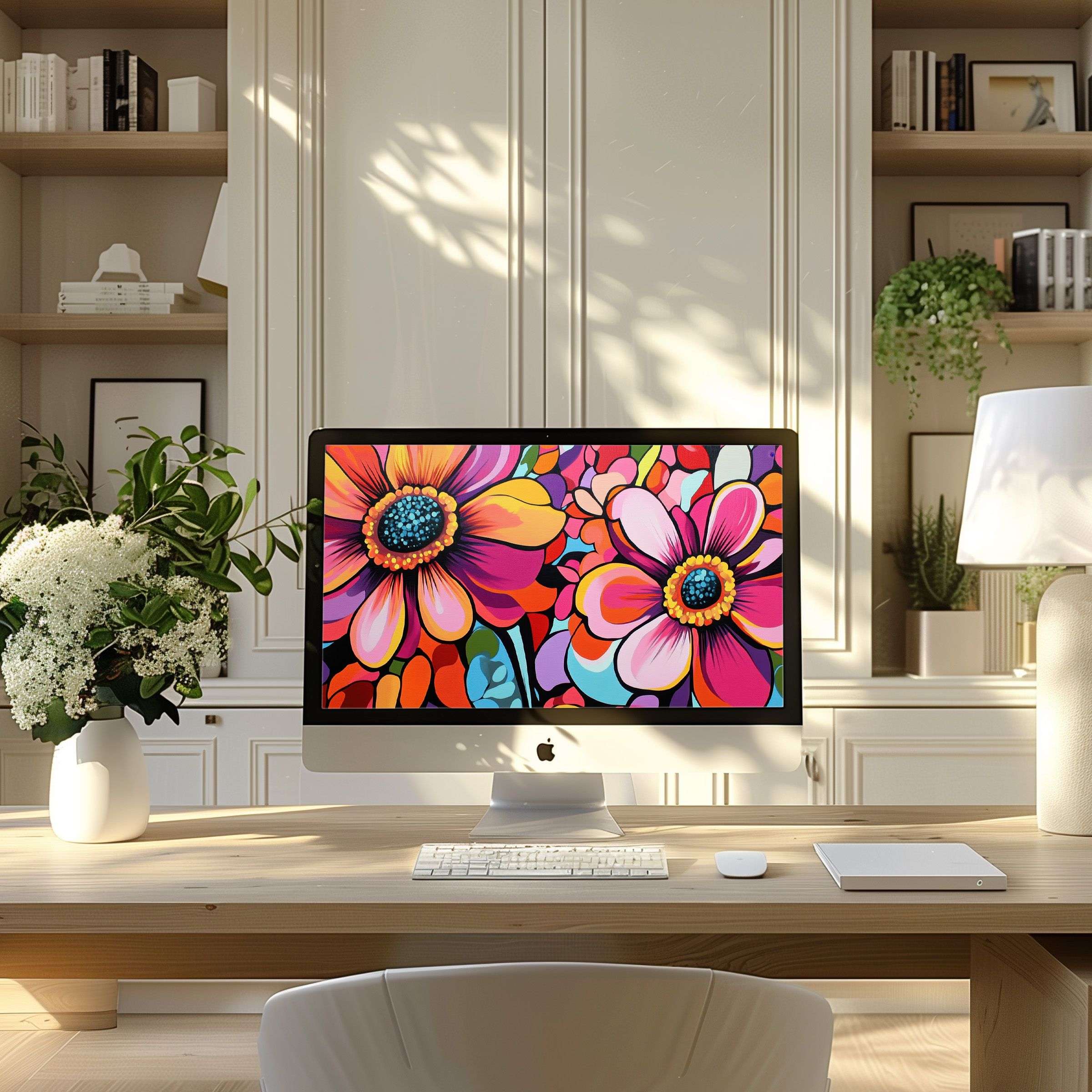 Elegant floral digital art wallpaper for computer, PC, laptop in serene modern home office inspires calm, beauty, digital download